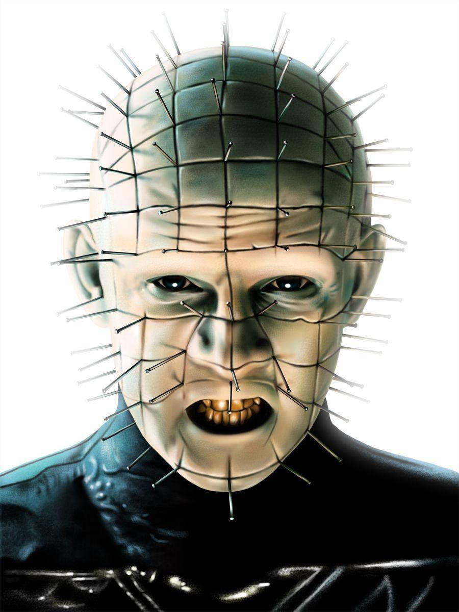 Pinhead 畫像藝術 壁紙 — Pinhead 嘅特寫，佢嘅臉同頭部嵌入咗針，背景係純白色。