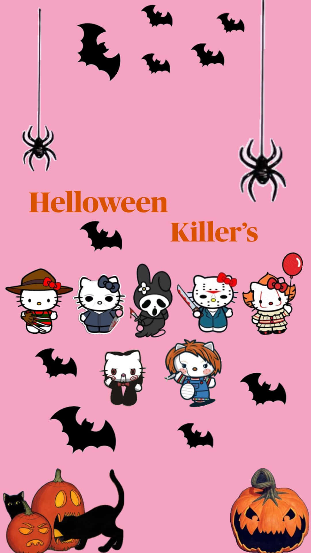  壁紙 — 粉紅色背景，卡通Hello Kitty角色打扮成萬聖節殺手，周圍有蝙蝠、蜘蛛和南瓜。
