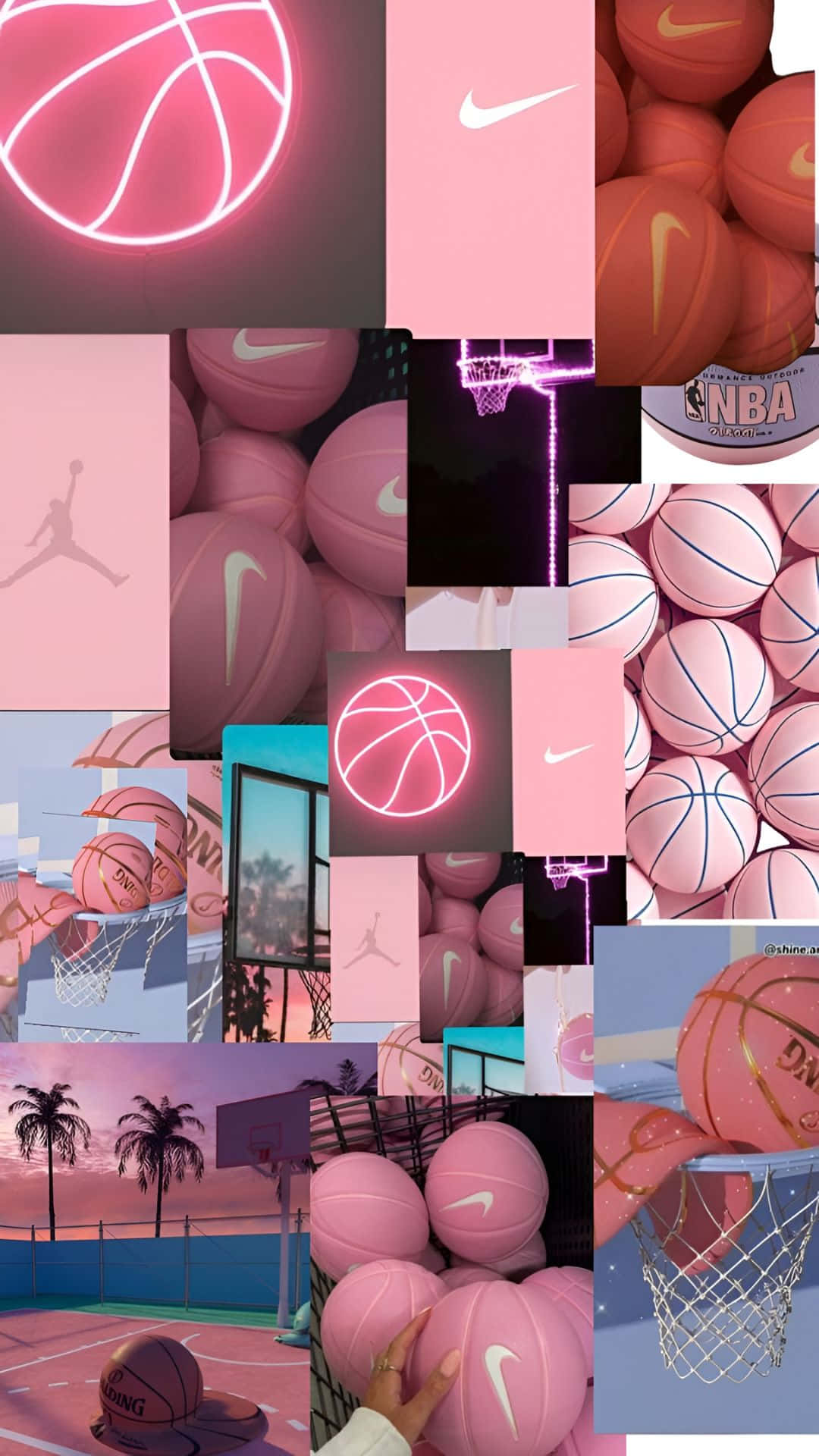  壁紙 — 充滿活力的粉紅色主題拼貼畫， featuring 霓虹籃球、Nike 標誌、籃框和日落色調的棕櫚樹。