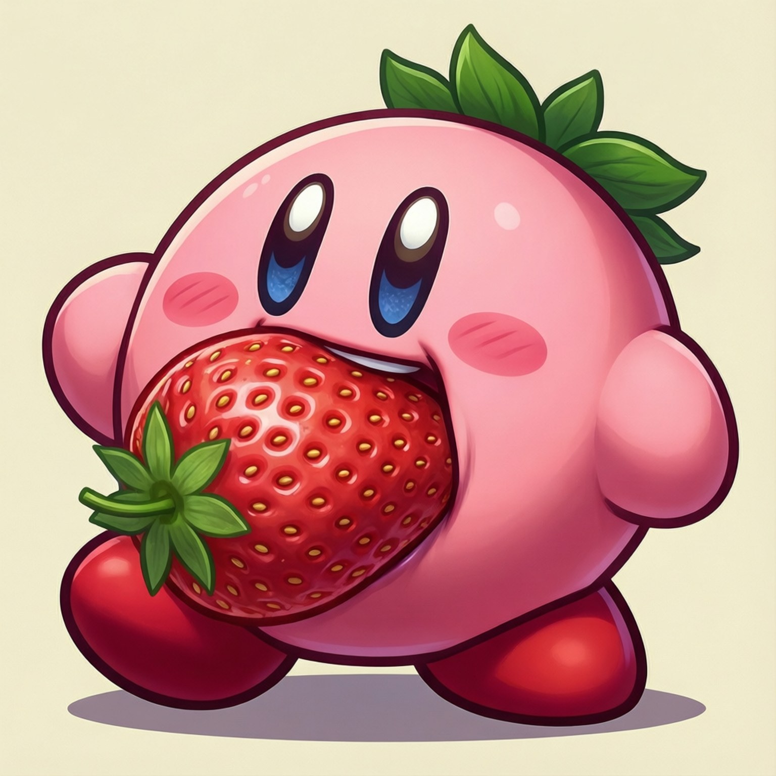 粉紅色 Kirby 角色正在吃一個頭上有綠色葉的士多啤梨。