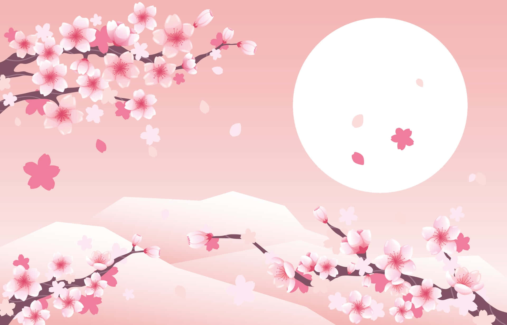 Blossom 桌布 壁紙 — 粉紅色的櫻花在樹枝上盛開，背景是柔和的粉紅色天空，有一輪巨大的白色月亮和飄落的花瓣。