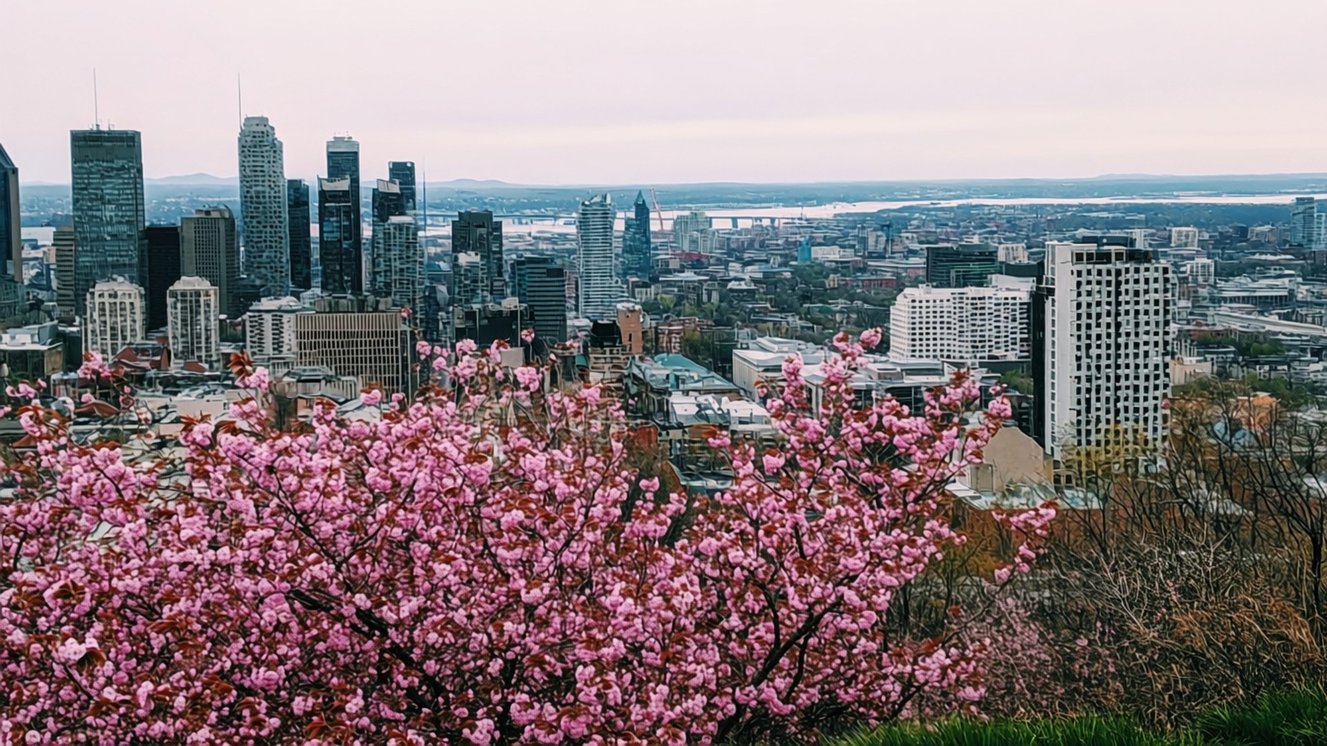 Montreal 桌布 壁紙 — 粉紅櫻花在前景盛開，俯瞰著在柔和陰天下廣闊的城市天際線。