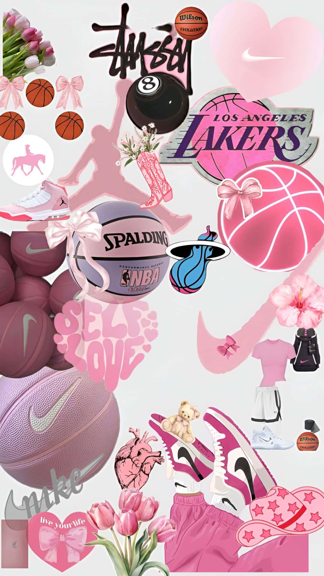  壁紙 — 充滿活力的粉紅色拼貼，包含籃球鞋、鬱金香和Nike Lakers品牌標誌，展現俏皮年輕的風格。