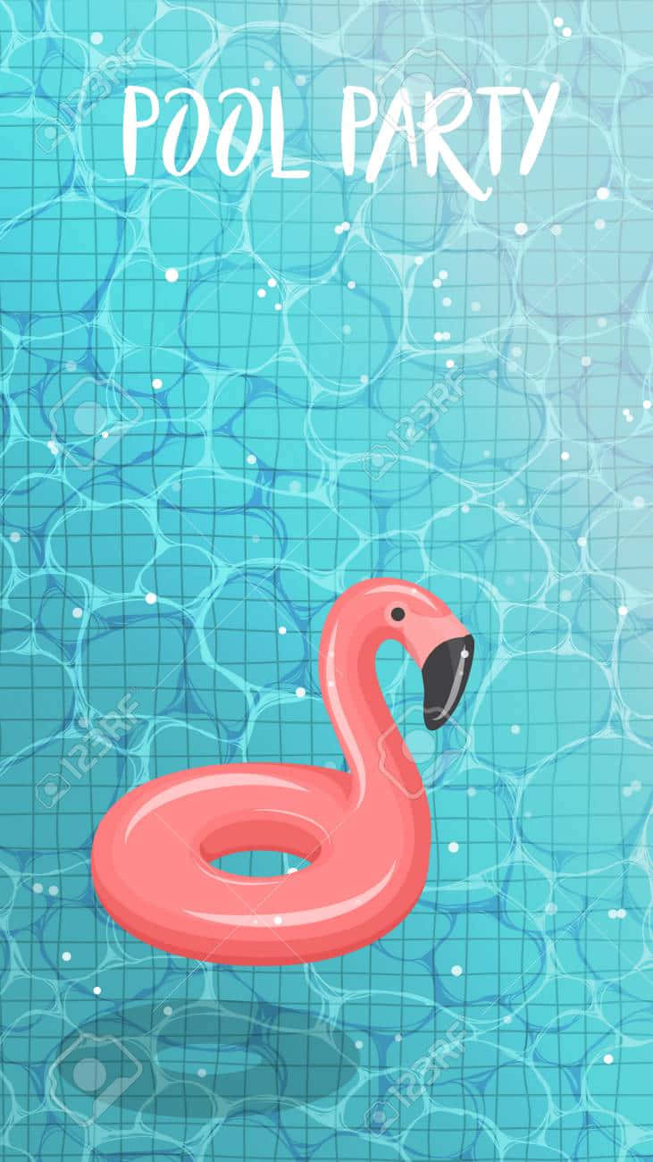  壁紙 — 粉紅色火烈鳥泳池浮條在藍綠色水中漂浮，上方有「POOL PARTY」字樣。