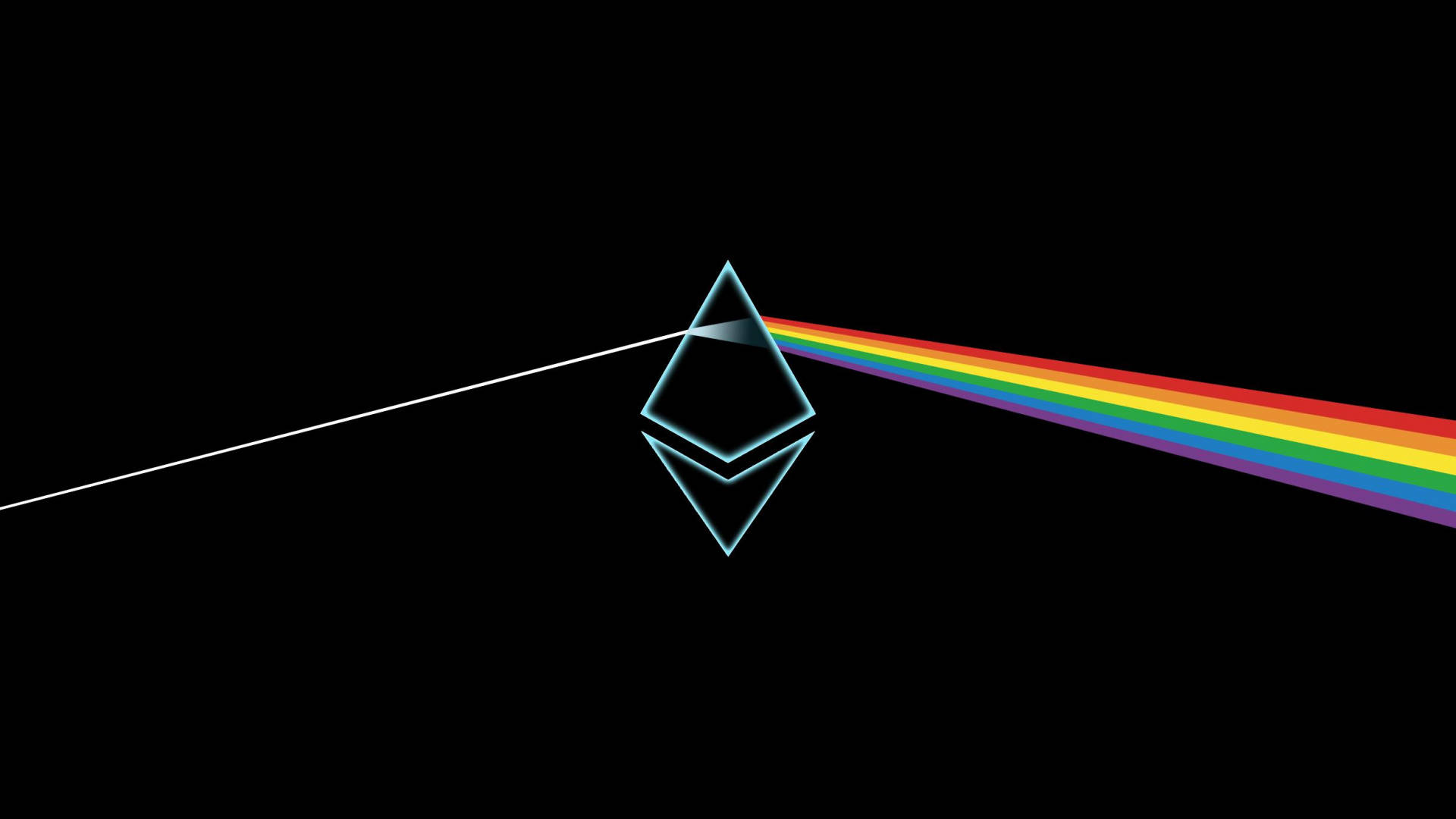 以太坊Pink Floyd靈感設計 壁紙 — 一個發光的棱鏡將白色光束分裂成一個鮮豔的彩虹光譜，背景為黑色。