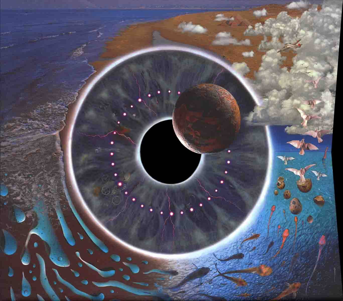 一個巨大的眼睛，瞳孔中有一顆行星，周圍環繞著海洋、雲朵和發光的生物。