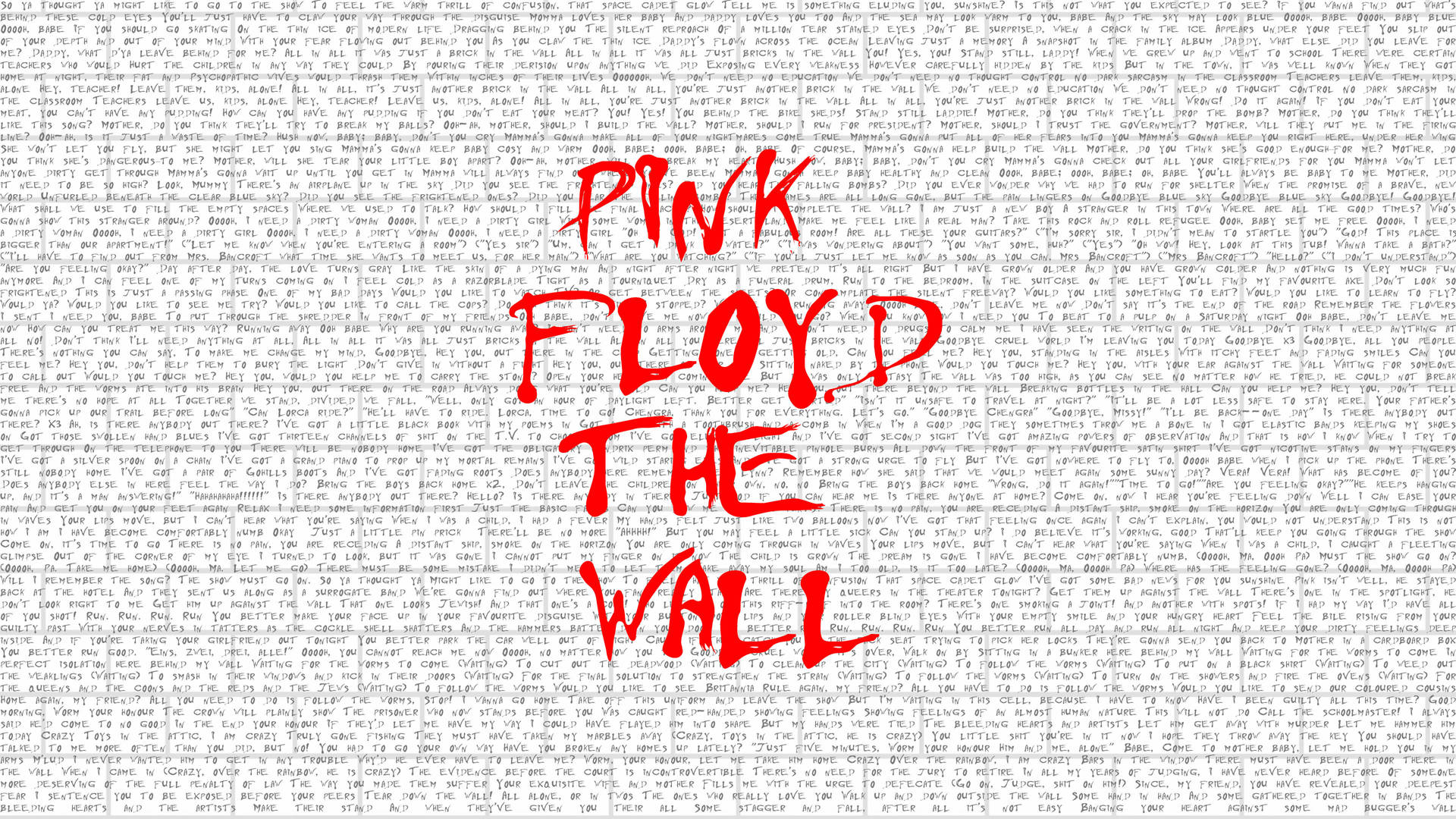 Pink Floyd The Wall 專輯封面，歌詞牆上有紅色文字。