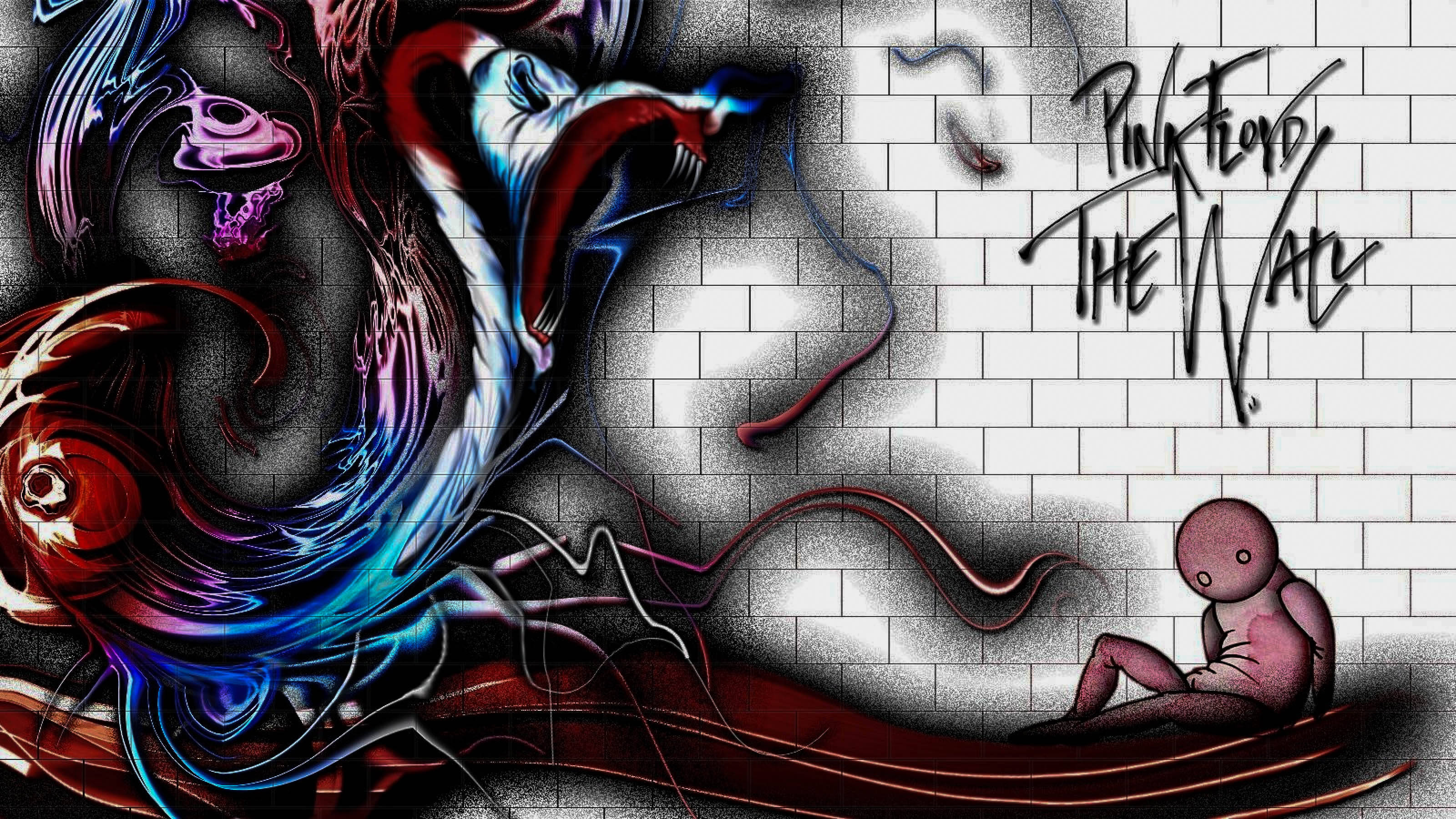 Pink Floyd 4K The Wall 涂鴉風格 壁紙 — 一幅磚牆上的超現實塗鴉壁畫，呈現漩渦般的迷幻色彩，以及一個坐在 Pink Floyd The Wall 文字下方的小人物。