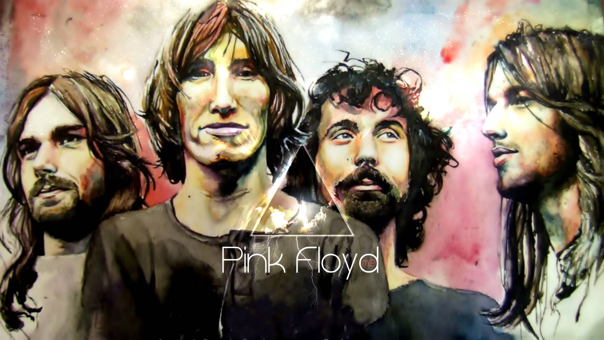 Pink Floyd 樂隊成員的水彩肖像，背景抽象多彩。
