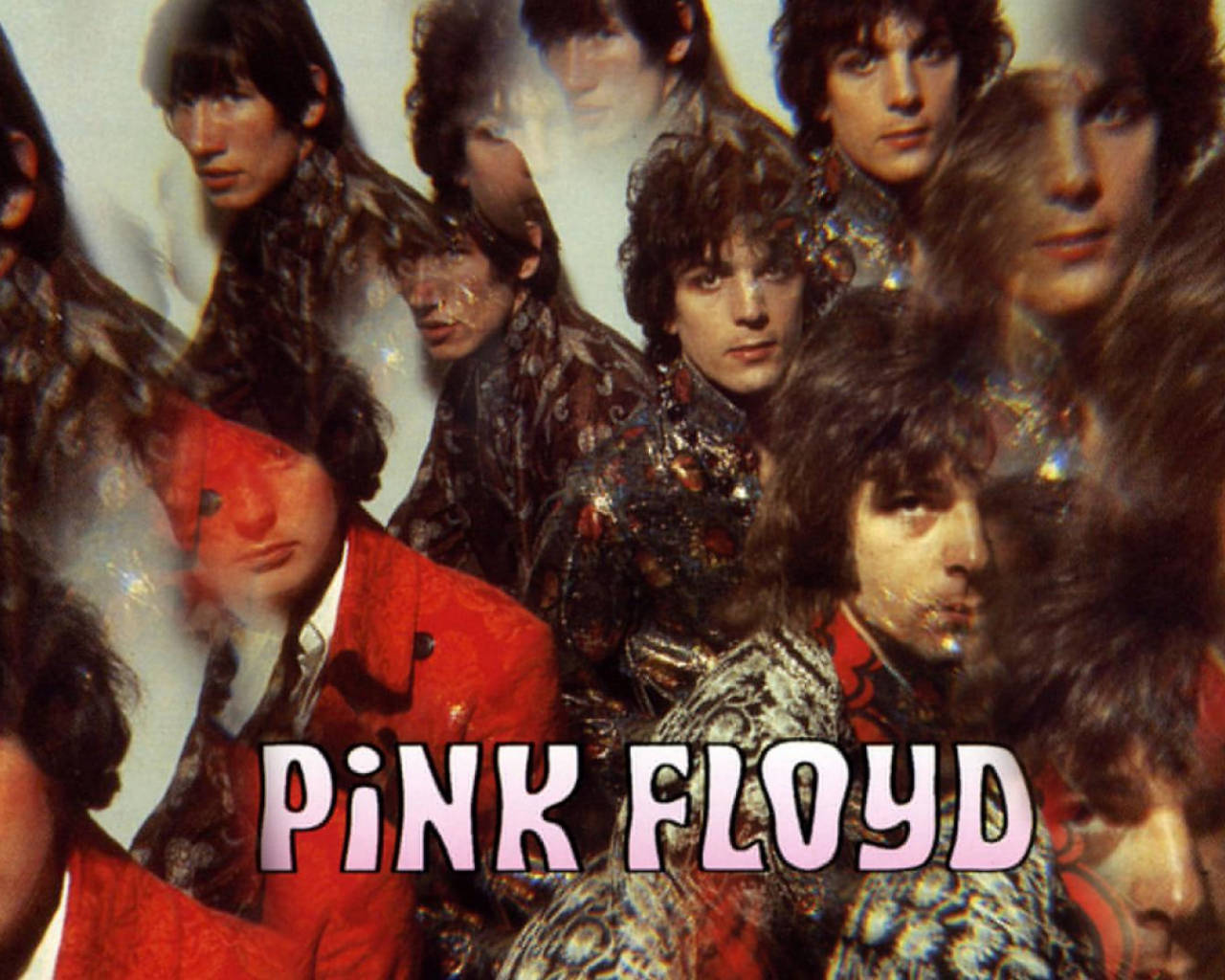Pink Floyd 樂隊成員在迷幻拼貼畫中，眼睛發光，穿著圖案服裝。