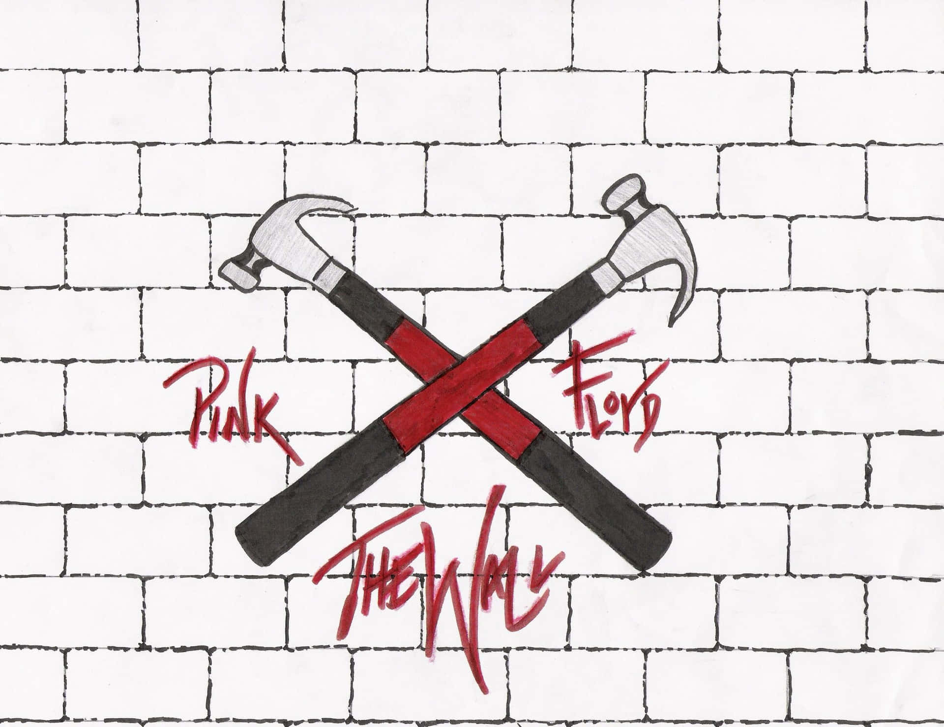 白色磚牆上兩把交叉的紅色手柄錘子，帶有Pink Floyd The Wall塗鴉。