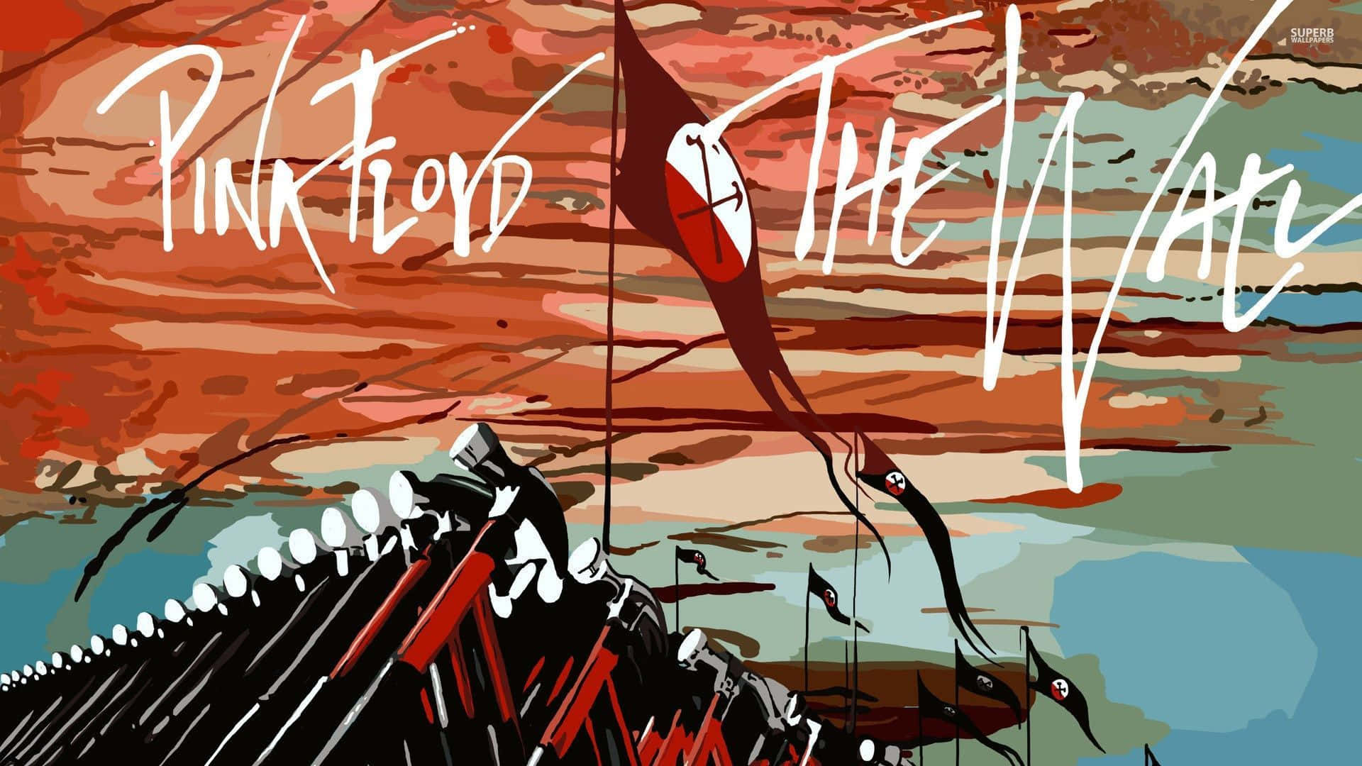 Pink Floyd《The Wall》專輯封面插圖，包含牆、旗幟和一個紅白相間的風箏。