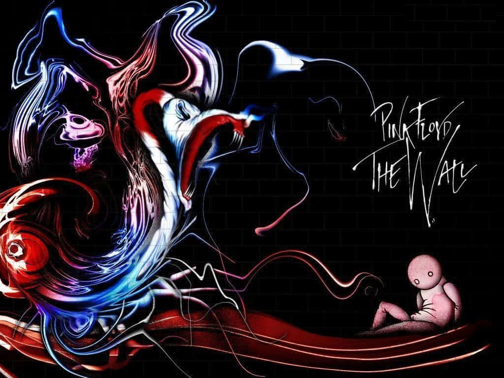 Pink Floyd The Wall 專輯封面藝術，帶有霓虹漩渦和一個粉紅色的小人物。