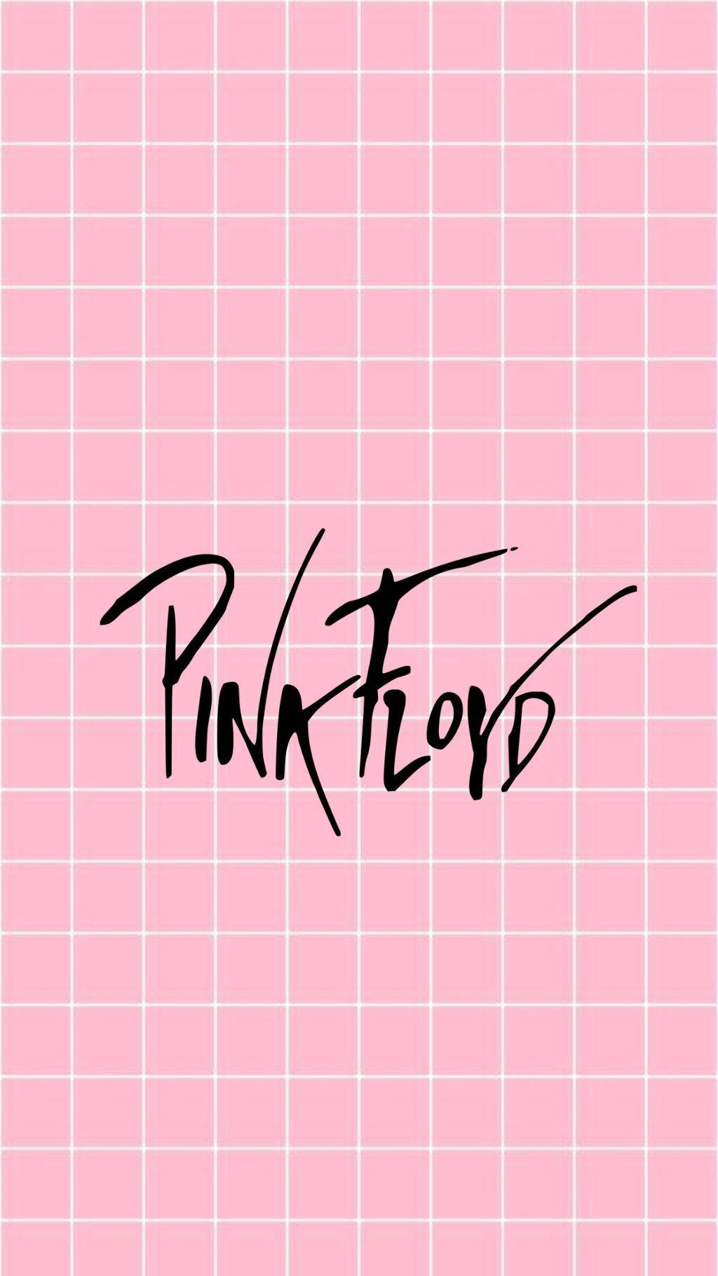粉紅色網格背景上的黑色字體 Pink Floyd 標誌。