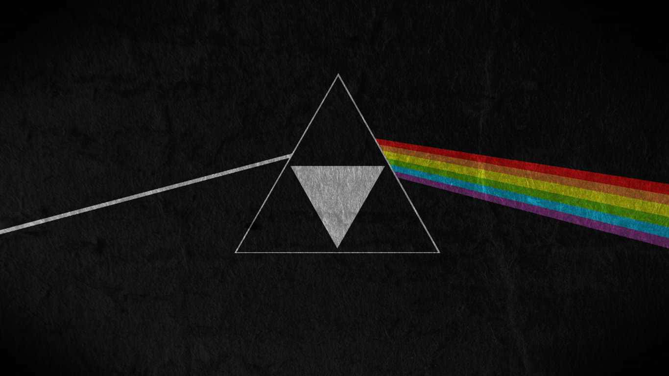 Pink Floyd《月之暗面》專輯封面 壁紙 — 一道白色光束穿過深色紋理背景上的三角形，投射出鮮豔的彩虹光譜。