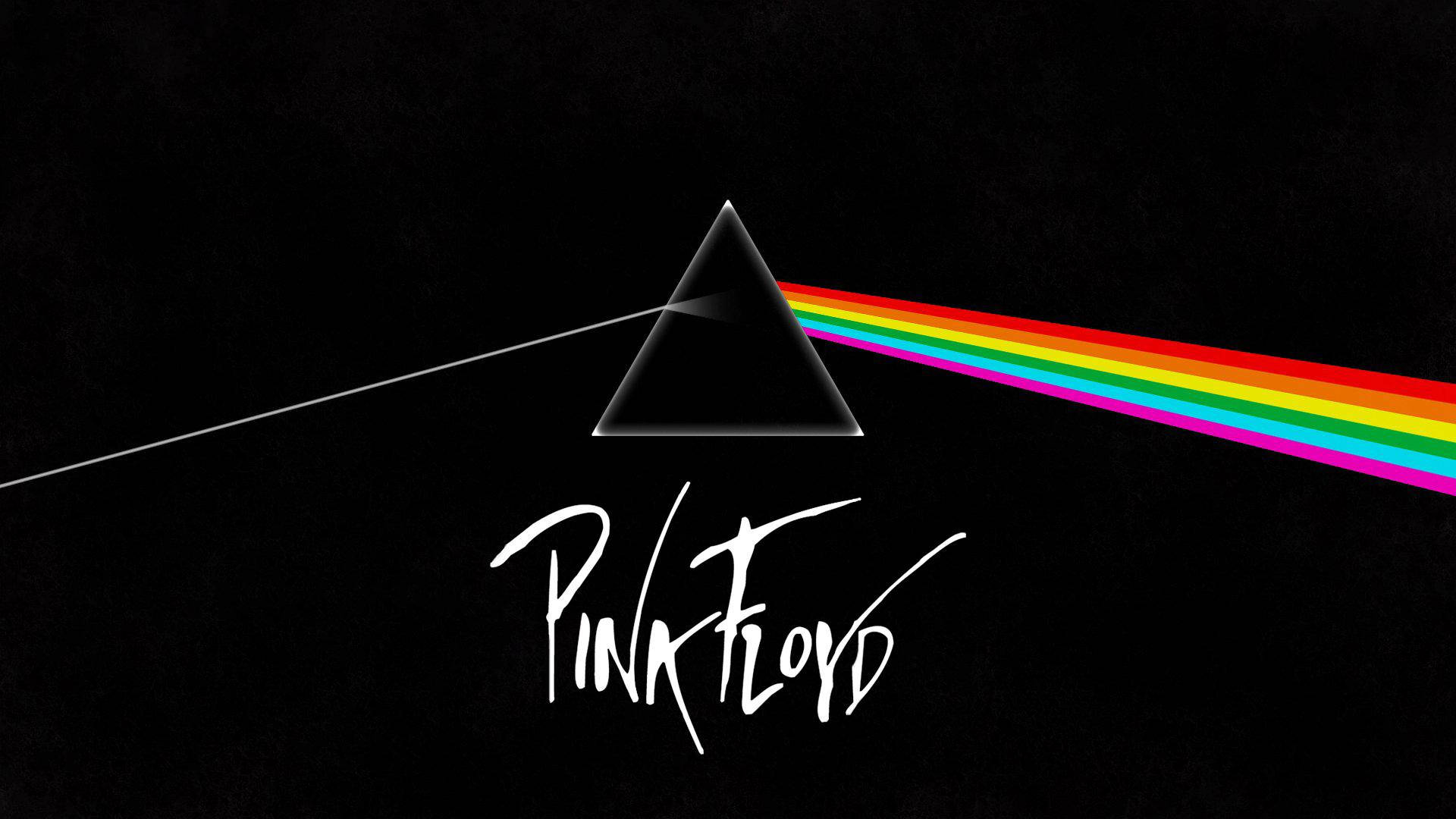Pink Floyd 棱鏡 壁紙 — 黑色背景上有一個棱鏡散射彩虹光，下方有白色字體的「Pink Floyd」。