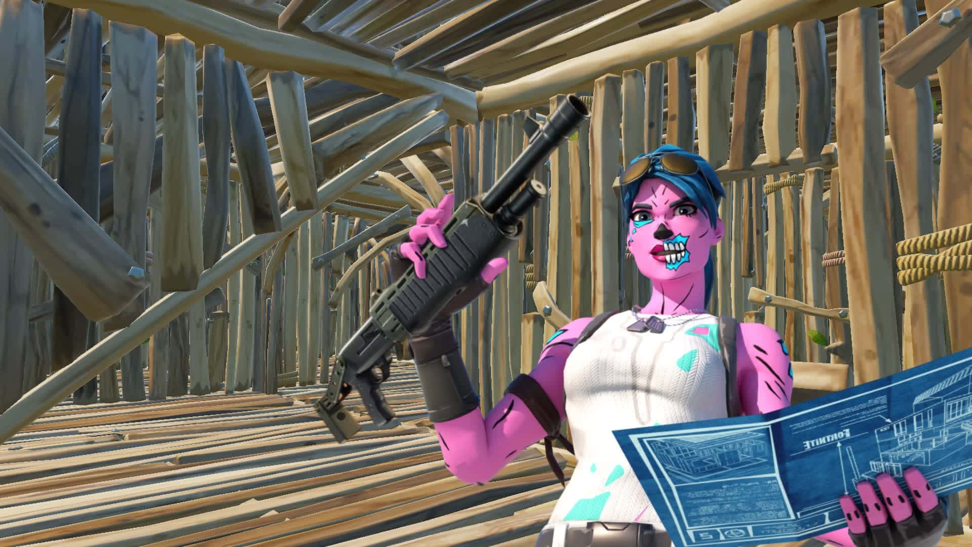  壁紙 — 一個粉紅色皮膚嘅Fortnite角色，藍色頭髮，喺木結構入面揸住一支散彈槍同藍圖。