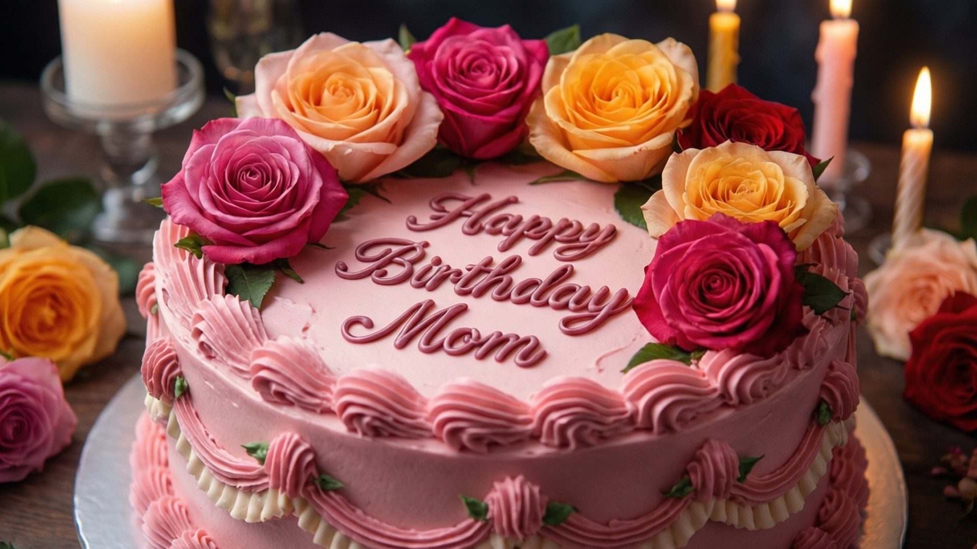 Happy Birthday Mom 桌布 壁紙 — 一個粉紅色糖霜生日蛋糕，裝飾著鮮豔的玫瑰和蠟燭，以優雅的字體寫著「Happy Birthday Mom」。
