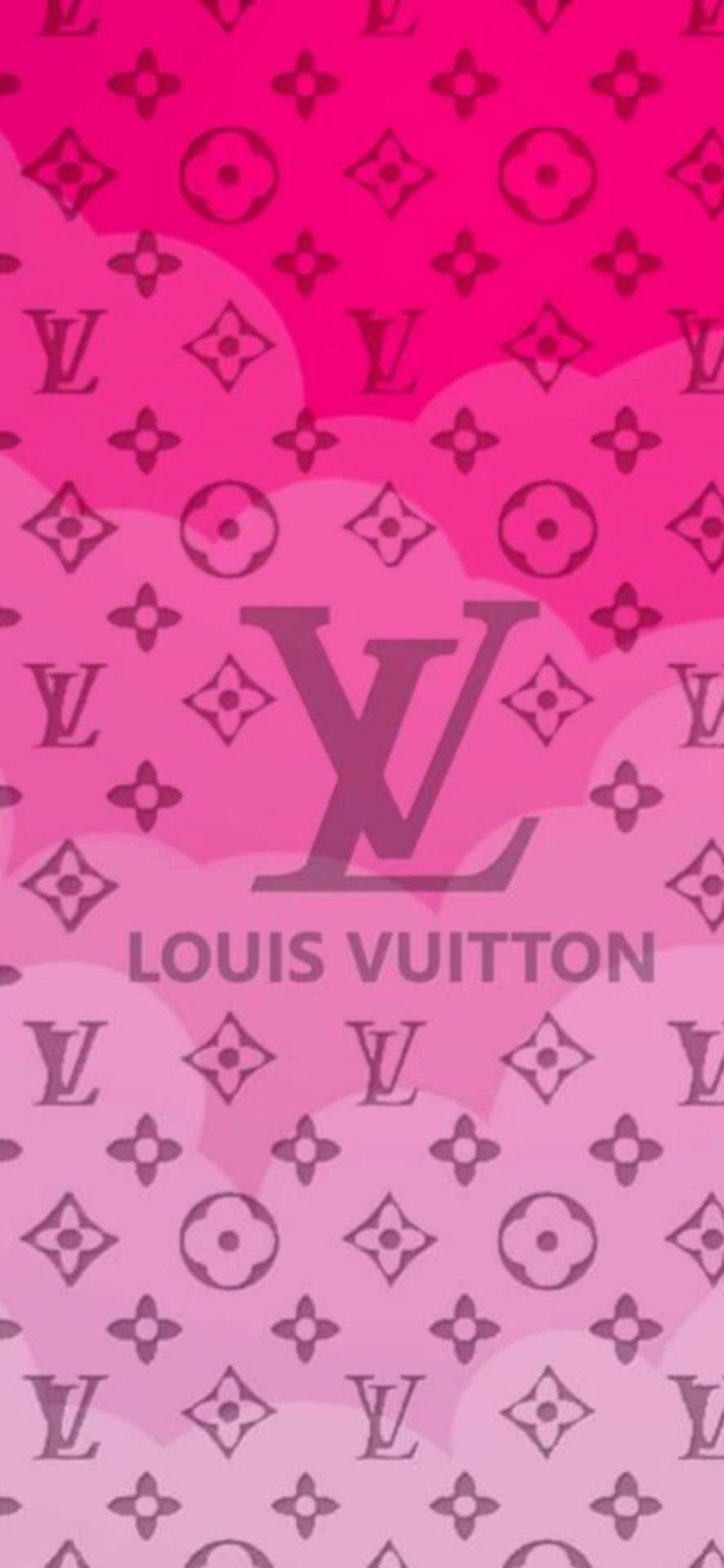 粉紅色漸變牆紙，帶有 Louis Vuitton 字母圖案和標誌。