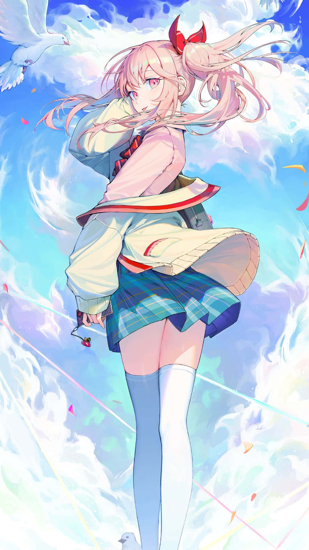  壁紙 — 一位粉紅色頭髮的動漫女孩穿著校服，站在旋轉的雲朵和飛翔的鴿子之間，背景是明亮的藍天。