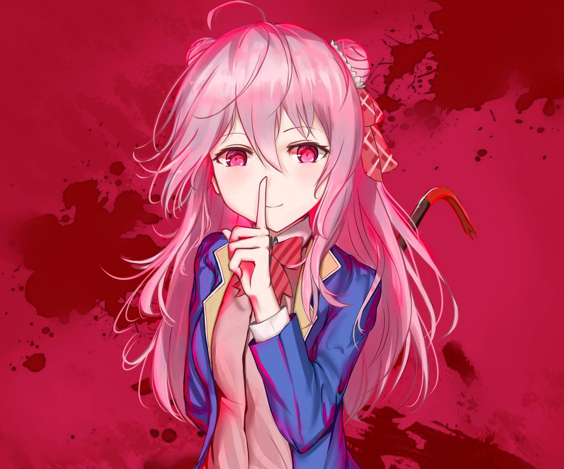 《幸福糖果人生》血色殺手 壁紙 — 一位粉紅色頭髮的動漫女孩穿著藍色校服，在紅色飛濺背景上眨眼並將手指放在嘴唇上。