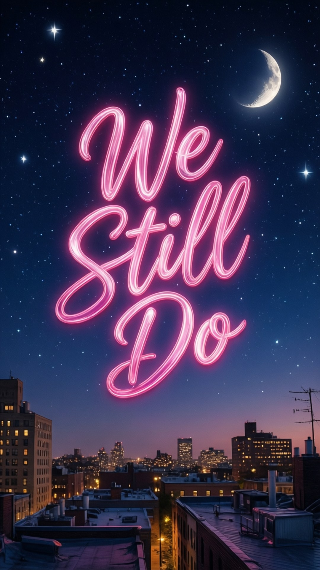 粉紅色霓虹燈牌寫著 'We Still Do'，在夜晚的城市上空，伴有星星和月亮。