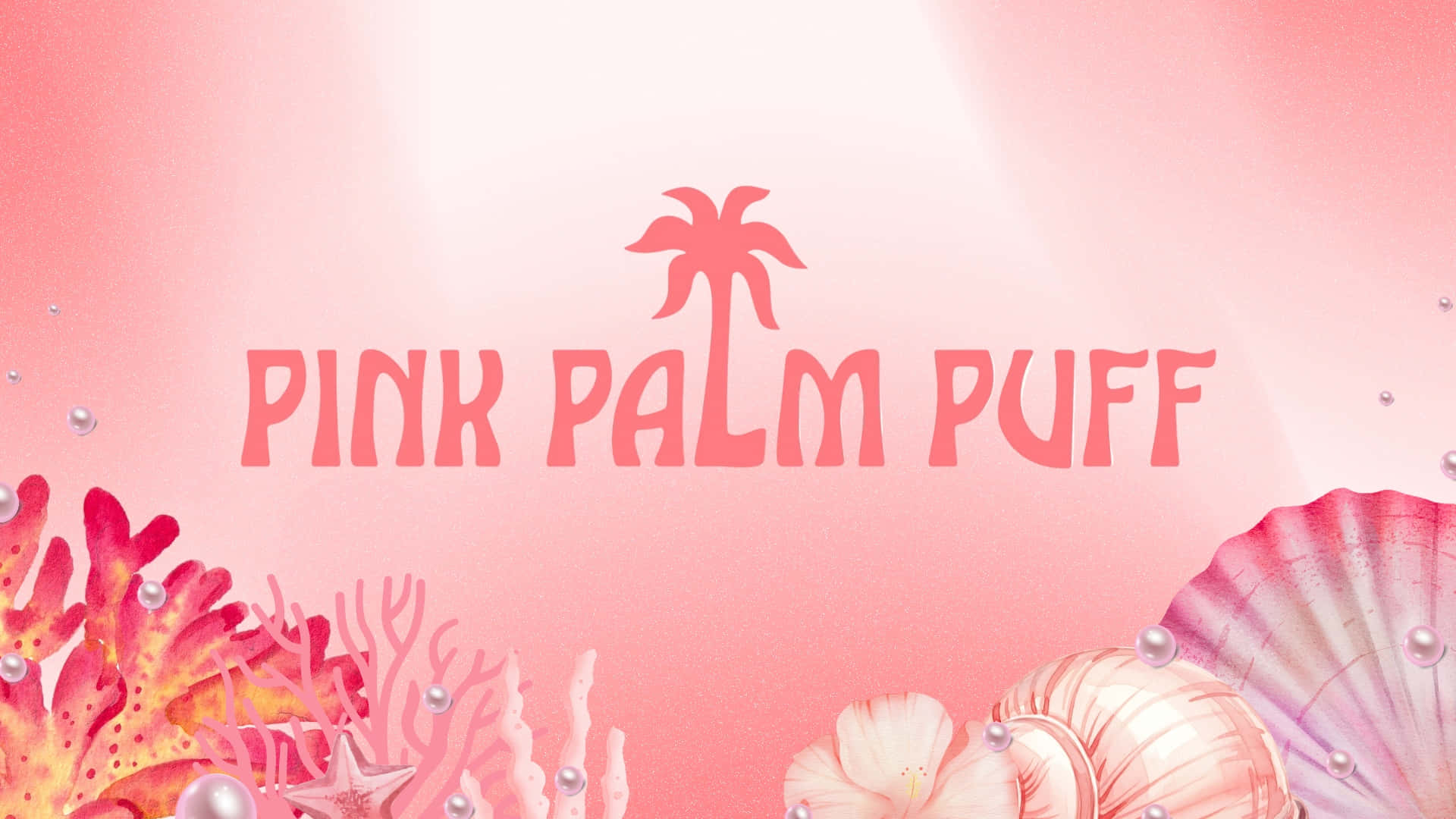  壁紙 — 柔和粉紅色漸變背景上，顯示文字「PINK PALM PUFF」，並有棕櫚樹圖標，周圍環繞著珊瑚貝殼和珍珠。