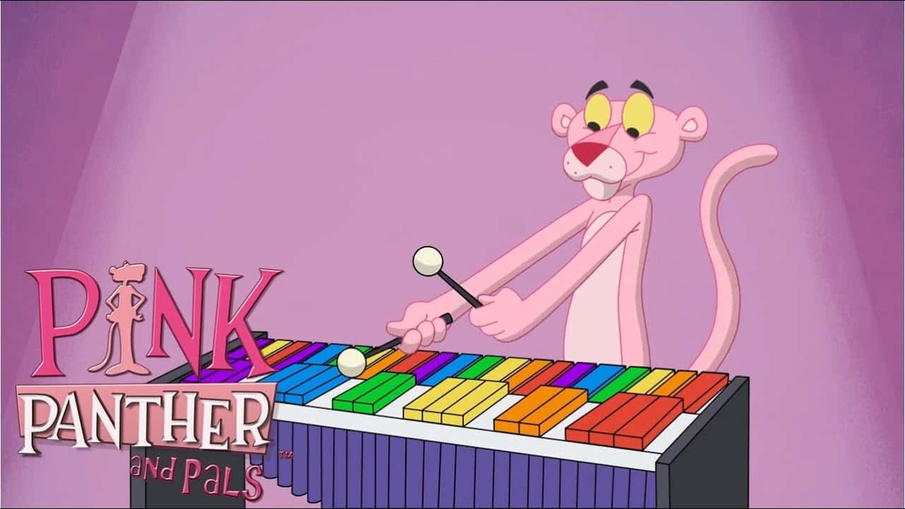 Pink Panther 桌布 壁紙 — Pink Panther 在柔和紫色燈光下的卡通場景中演奏彩色木琴。