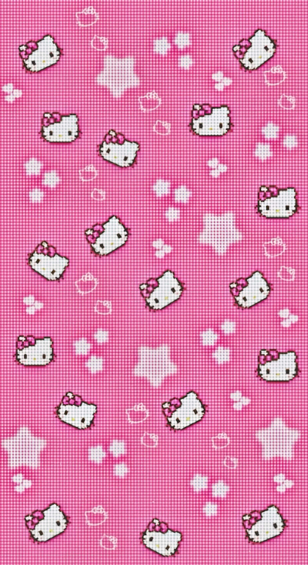  壁紙 — 粉紅色像素風格牆紙，在格仔背景上重複出現Hello Kitty面孔和星星。