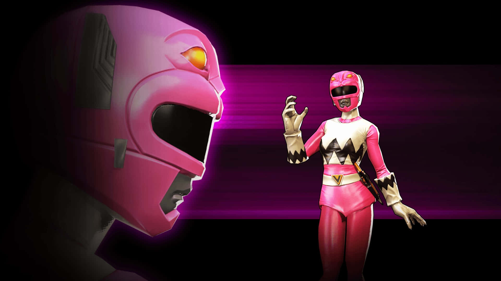  壁紙 — 一位粉紅色的Power Ranger自信地站在一個巨大的發光粉紅色頭盔旁邊，背景是深紫色漸變。
