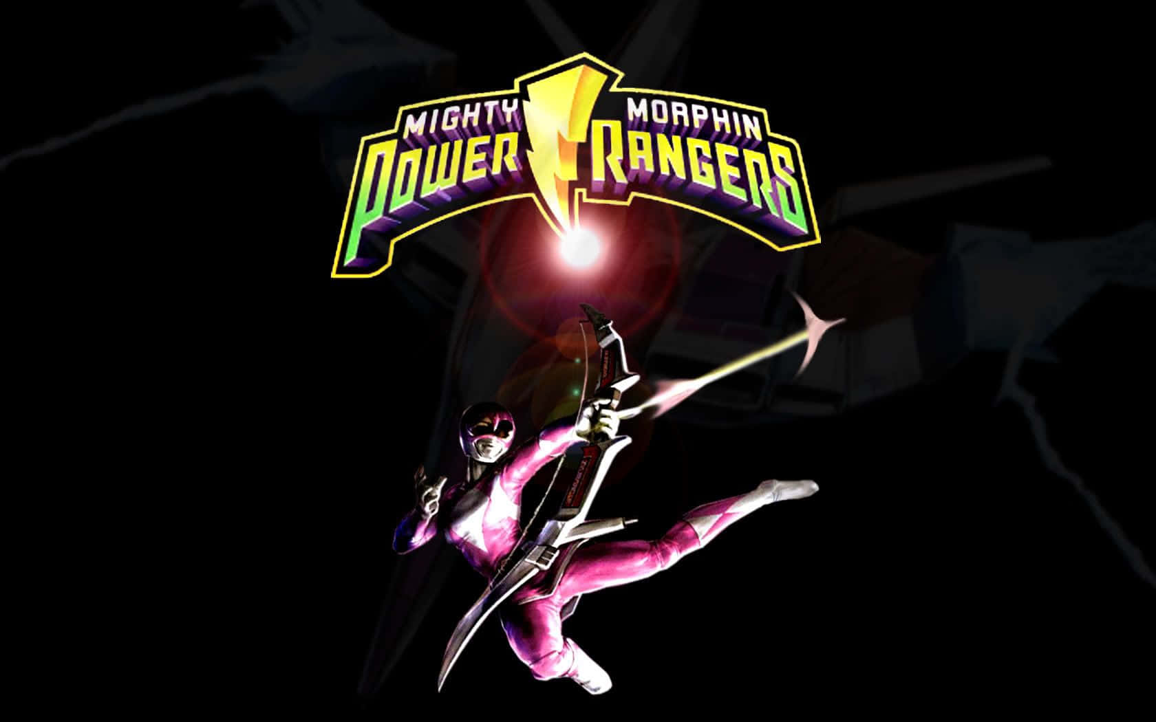  壁紙 — 粉紅戰士以動態姿勢發射發光箭矢，背景為深色，上方有Mighty Morphin Power Rangers標誌。