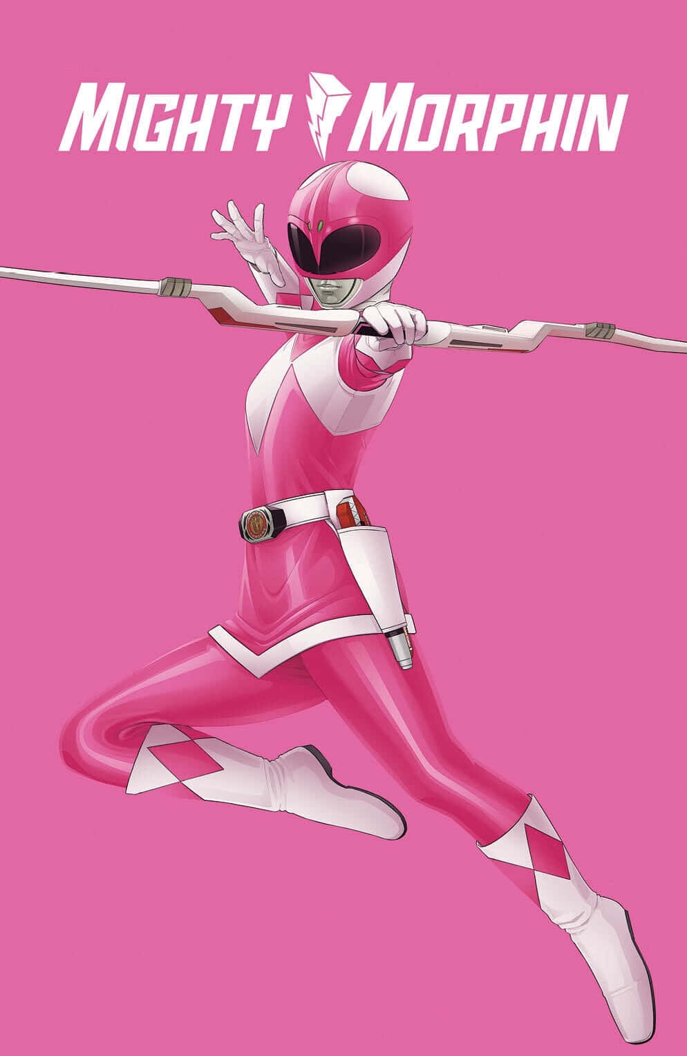  壁紙 — 粉紅戰士以動態姿勢揮舞弓箭，背景為純粉紅色，帶有「Mighty Morphin」標題。