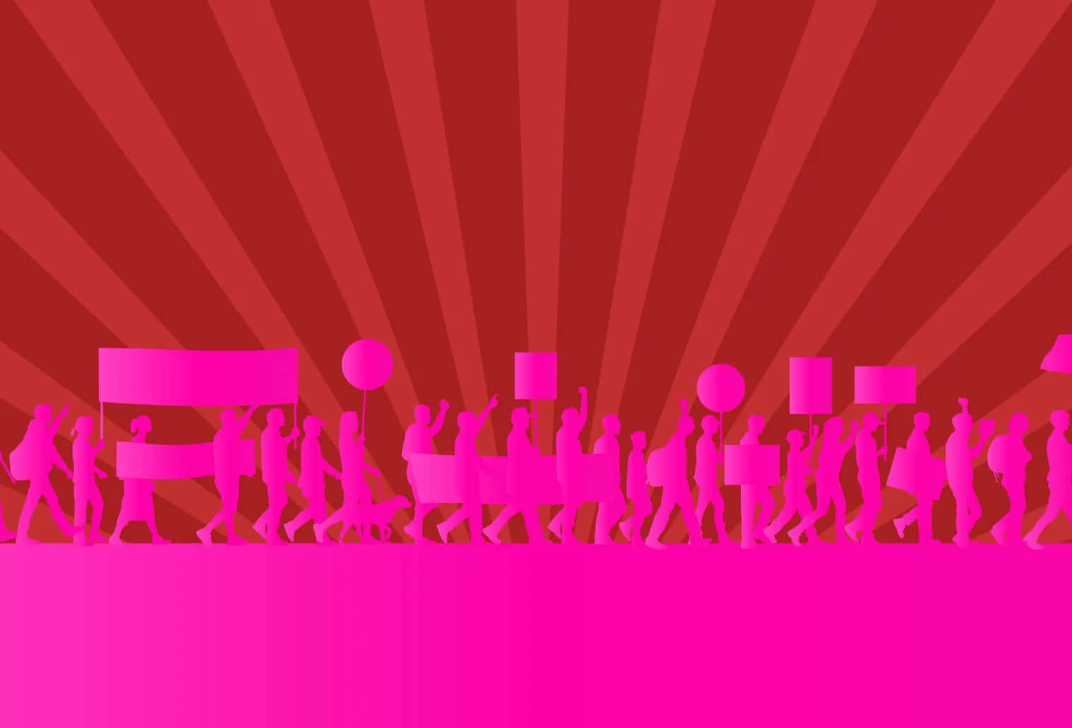 3d Pink 桌布 壁紙 — 粉紅色剪影人群手持標語和氣球，在燦爛的紅色太陽爆發背景下前進。