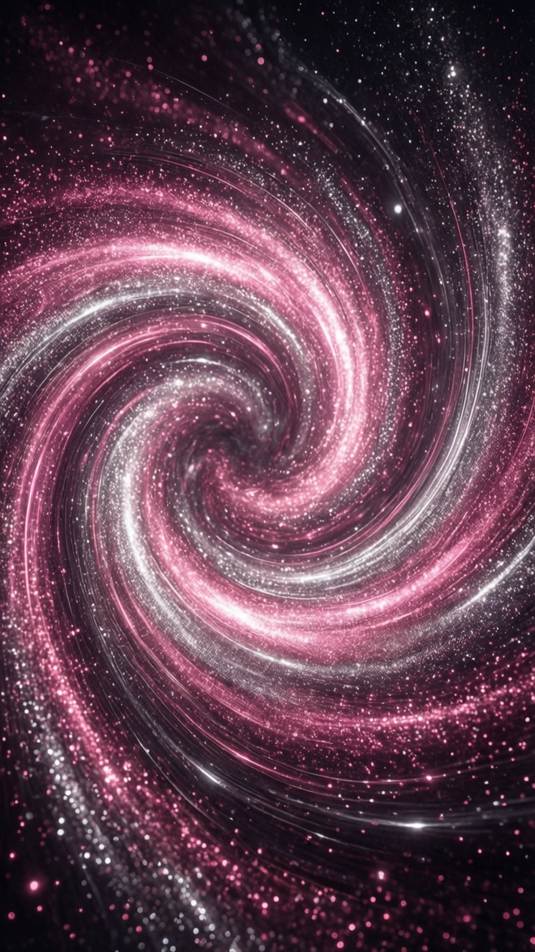 在黑色背景下，一個旋轉的粉紅色和銀色星系，帶有閃爍的星星