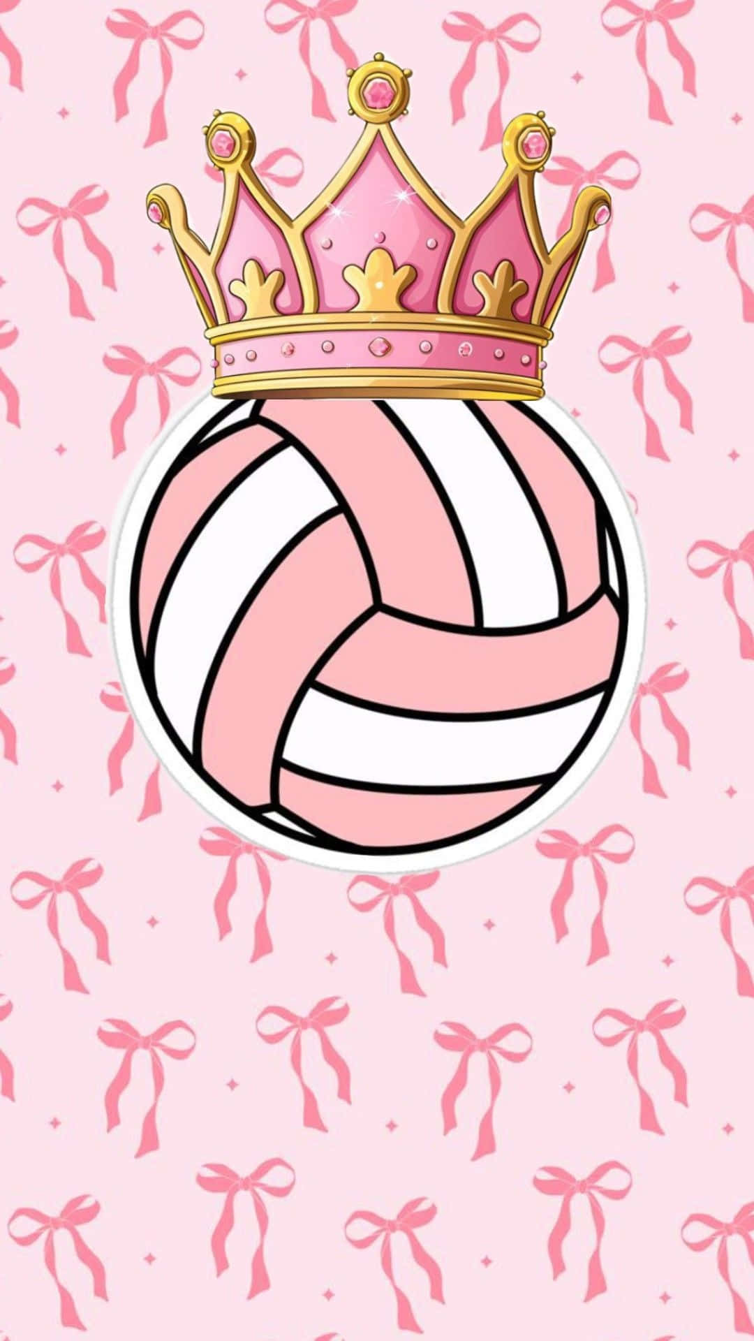  壁紙 — 一個粉紅色和白色的排球，戴著閃亮的粉紅色和金色皇冠，背景是粉紅色蝴蝶結圖案。