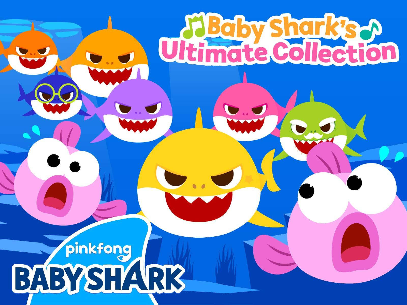 Baby Shark 和朋友們在水下游泳，有大眼睛和尖牙。