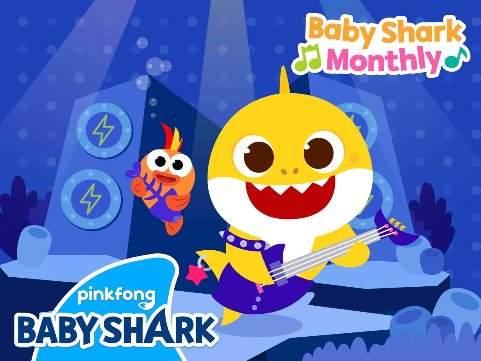 Baby Shark 在水下舞台上彈結他，有一條魚在跳舞。