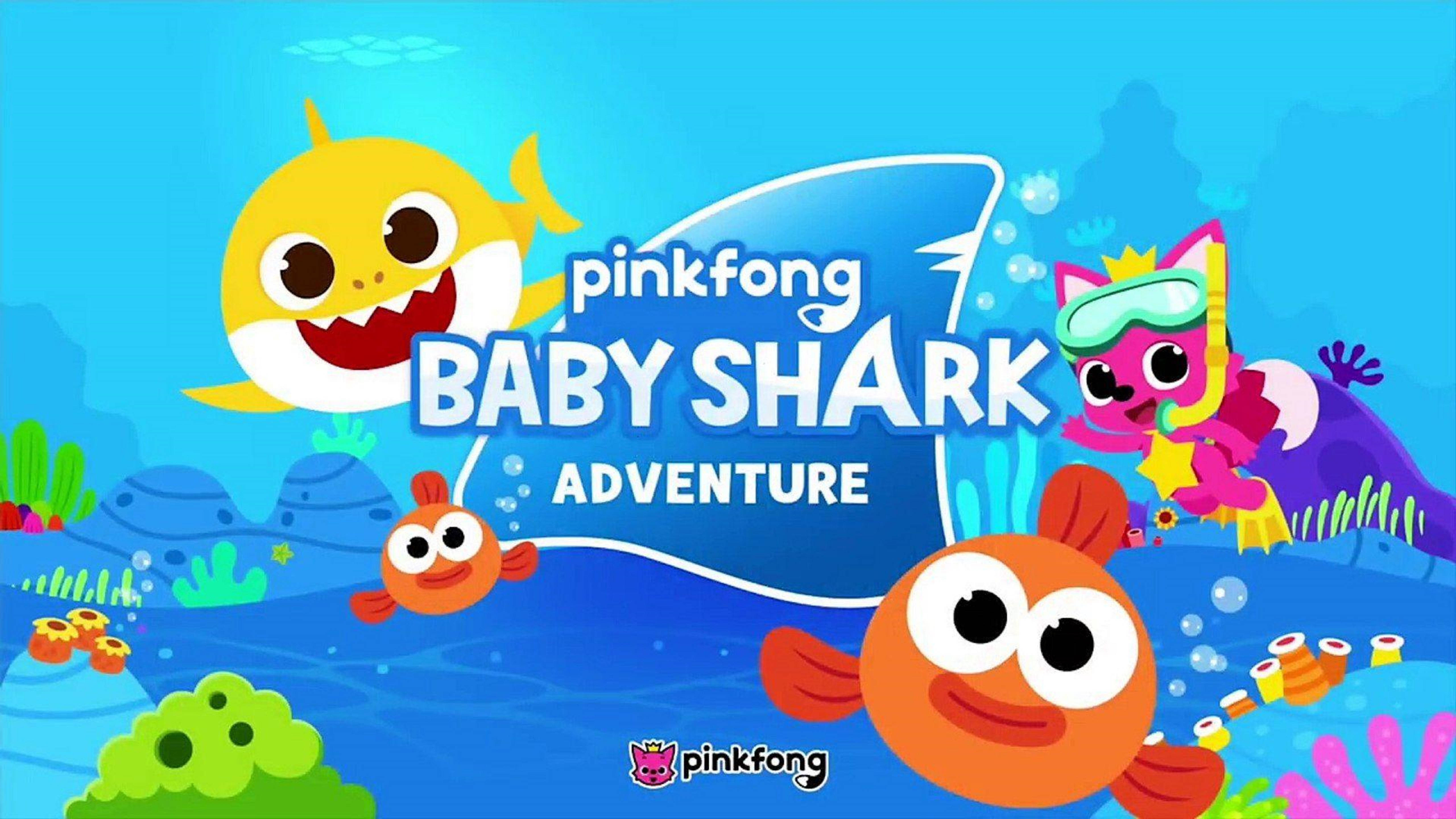 Pinkfong Baby Shark冒險 壁紙 — 色彩繽紛的卡通鯊魚和魚類在充滿活力的海底場景中快樂地游動，周圍有珊瑚和氣泡。