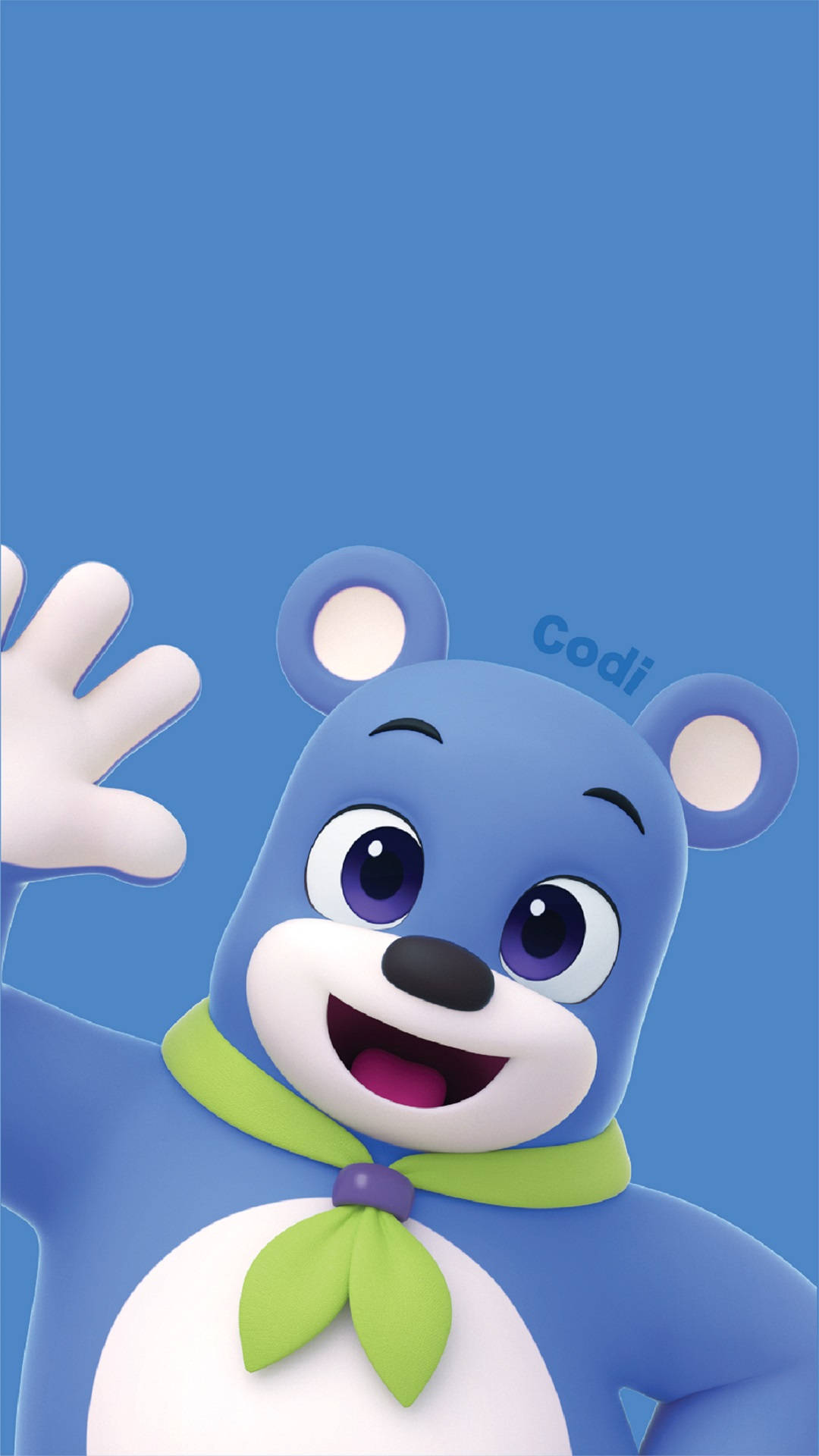 Pinkfong Codi藍色海報 壁紙 — 一隻戴著綠色圍巾的開心藍色卡通熊，在純藍色背景上快樂地揮手。