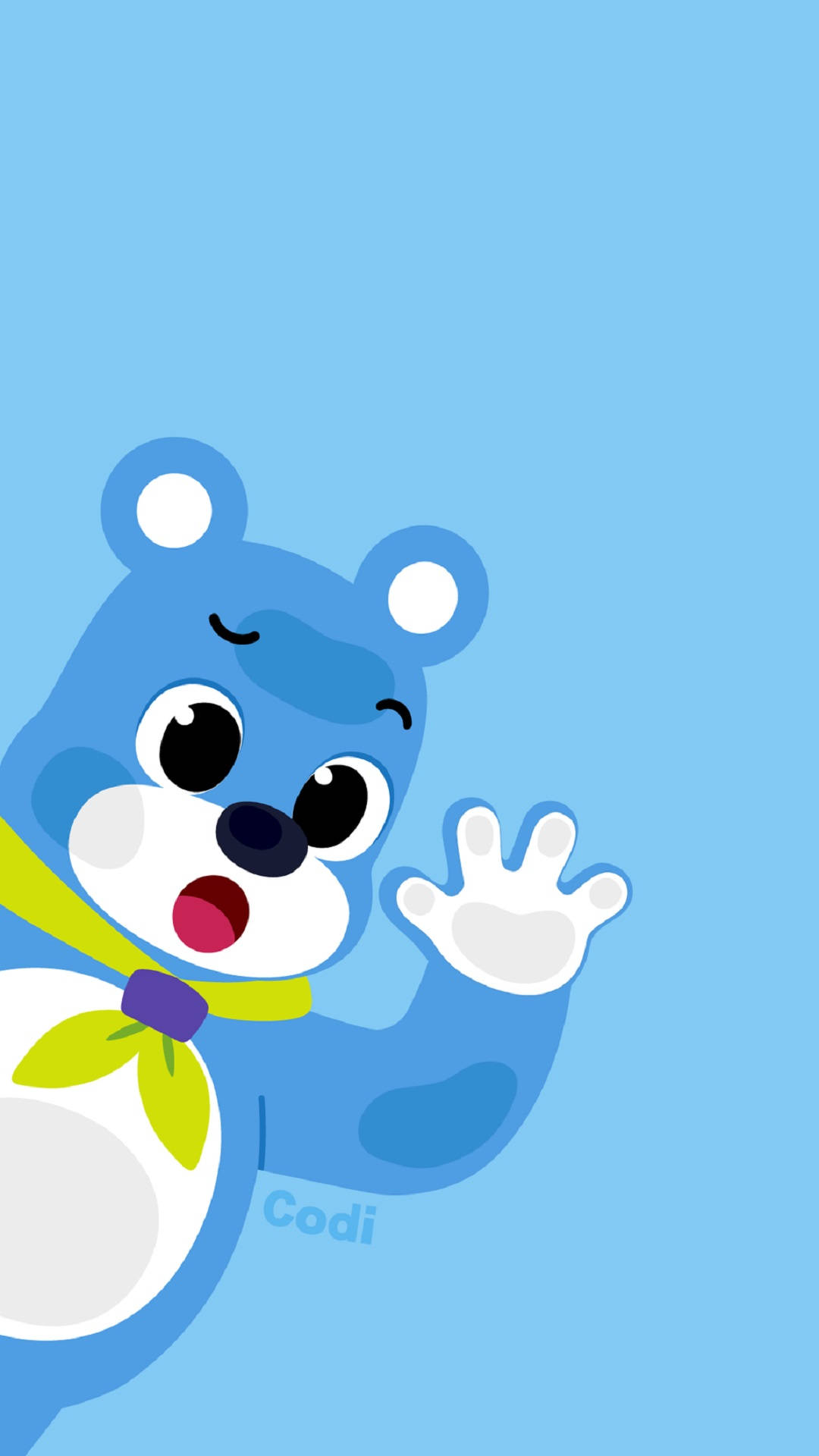 Pinkfong Codi藍色藝術 壁紙 — 一隻戴著綠色圍巾的開心藍色卡通熊，在純淺藍色背景上快樂地揮手。