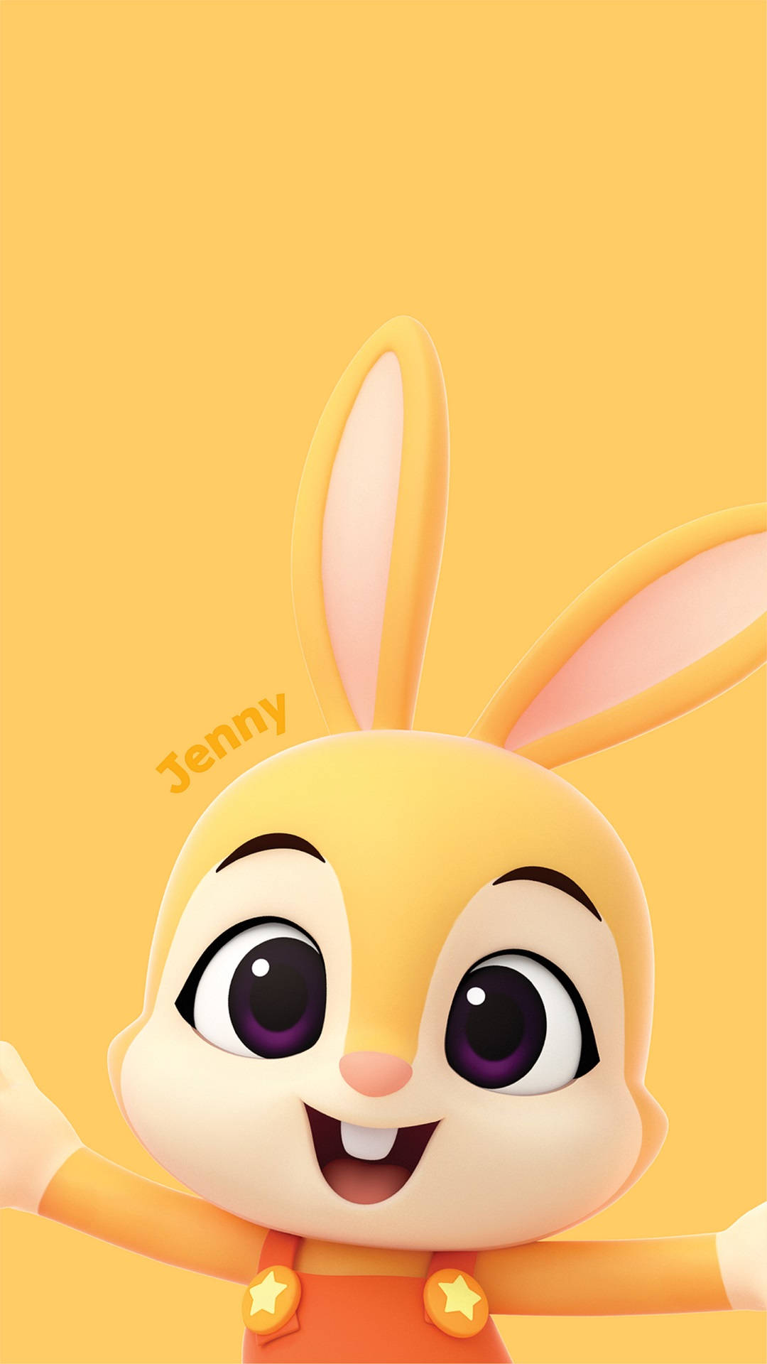 Pinkfong Jenny黃色海報 壁紙 — 一隻名為Jenny的開心3D卡通兔仔，喺純黃色背景上燦爛咁笑。