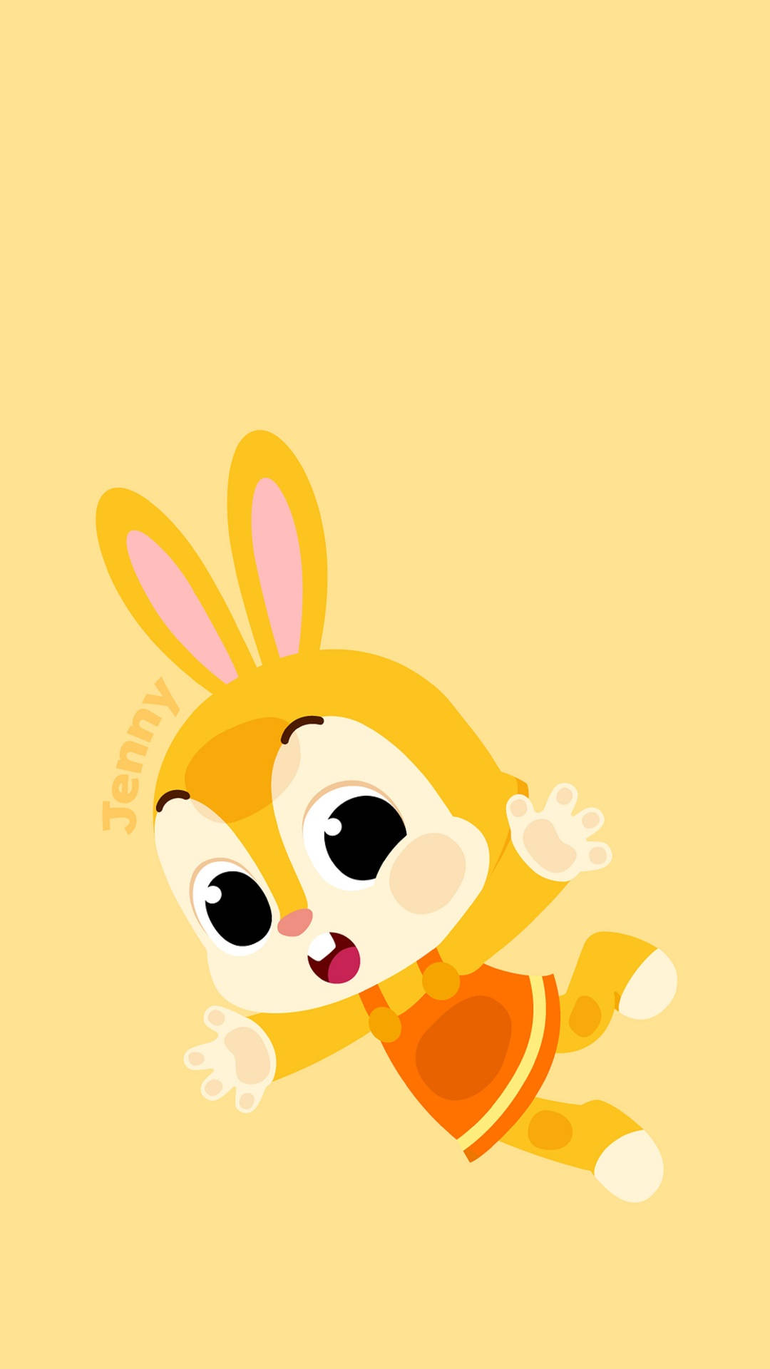 Pinkfong Jenny黃色藝術 壁紙 — 一隻穿著橙色服裝的快樂卡通兔，在純黃色背景上歡快地跳躍。