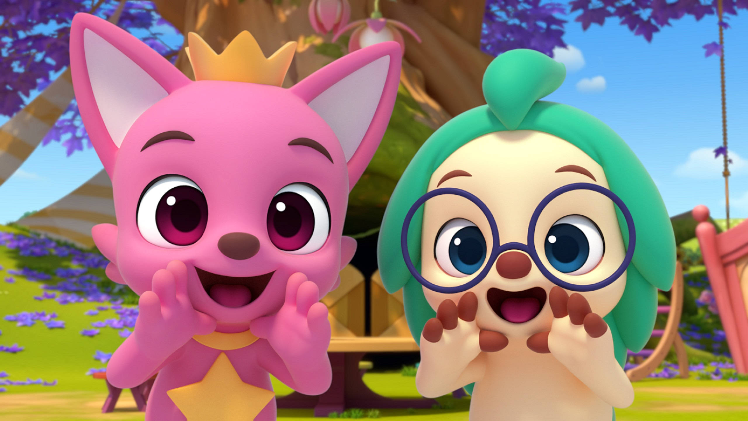 Pinkfong YouTube 原創作品 壁紙 — 兩個開心嘅動畫動物角色，有大眼睛同愉快嘅表情，企喺色彩繽紛嘅戶外花園場景入面。