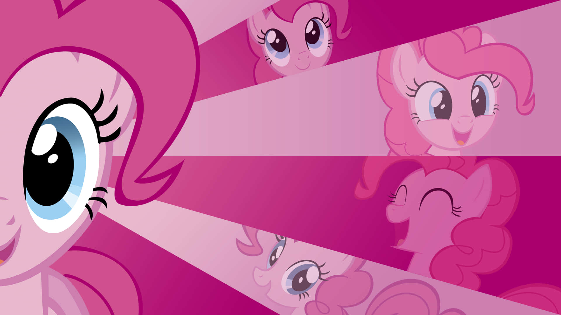 Pinkie Pie 看起來可愛又開心 壁紙 — 一隻充滿活力的粉紅色卡通小馬，有著大大的藍色眼睛，在風格化的壁紙中微笑著穿過臉上的對角線條紋。