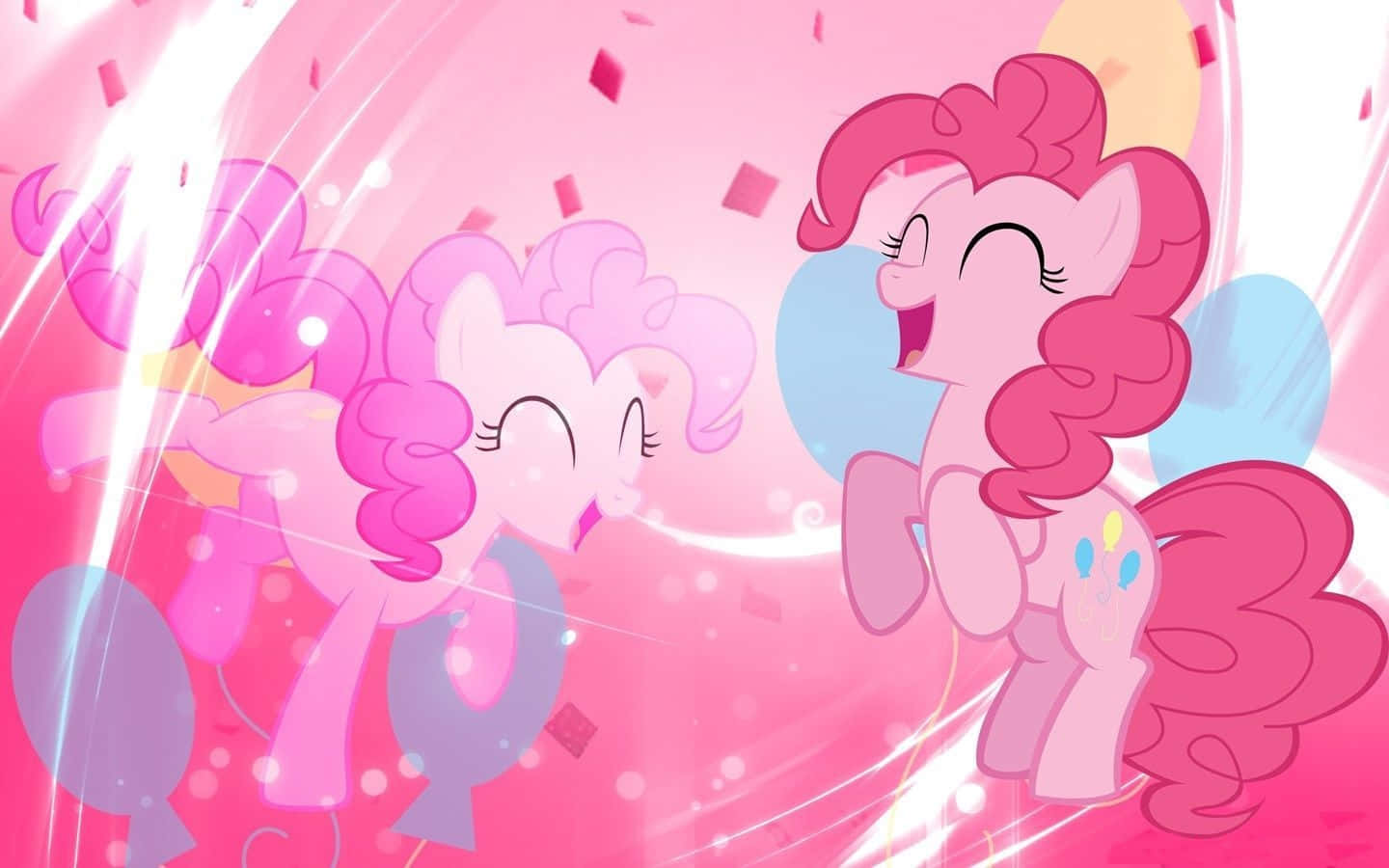 Pinkie Pie 舉行爆米花派對 壁紙 — 兩隻快樂的粉紅色小馬在閃閃發光的粉紅色派對場景中用五彩紙屑和氣球慶祝。