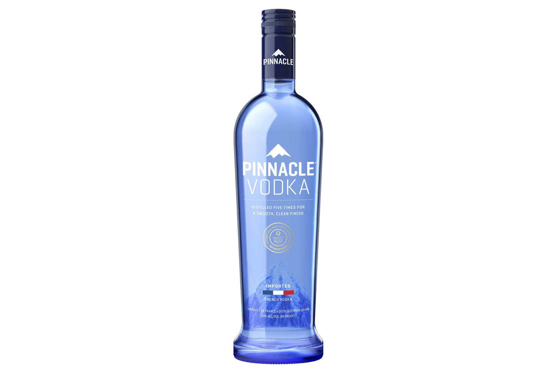 藍色玻璃瓶裝Pinnacle伏特加，帶有白色標籤和山脈標誌。