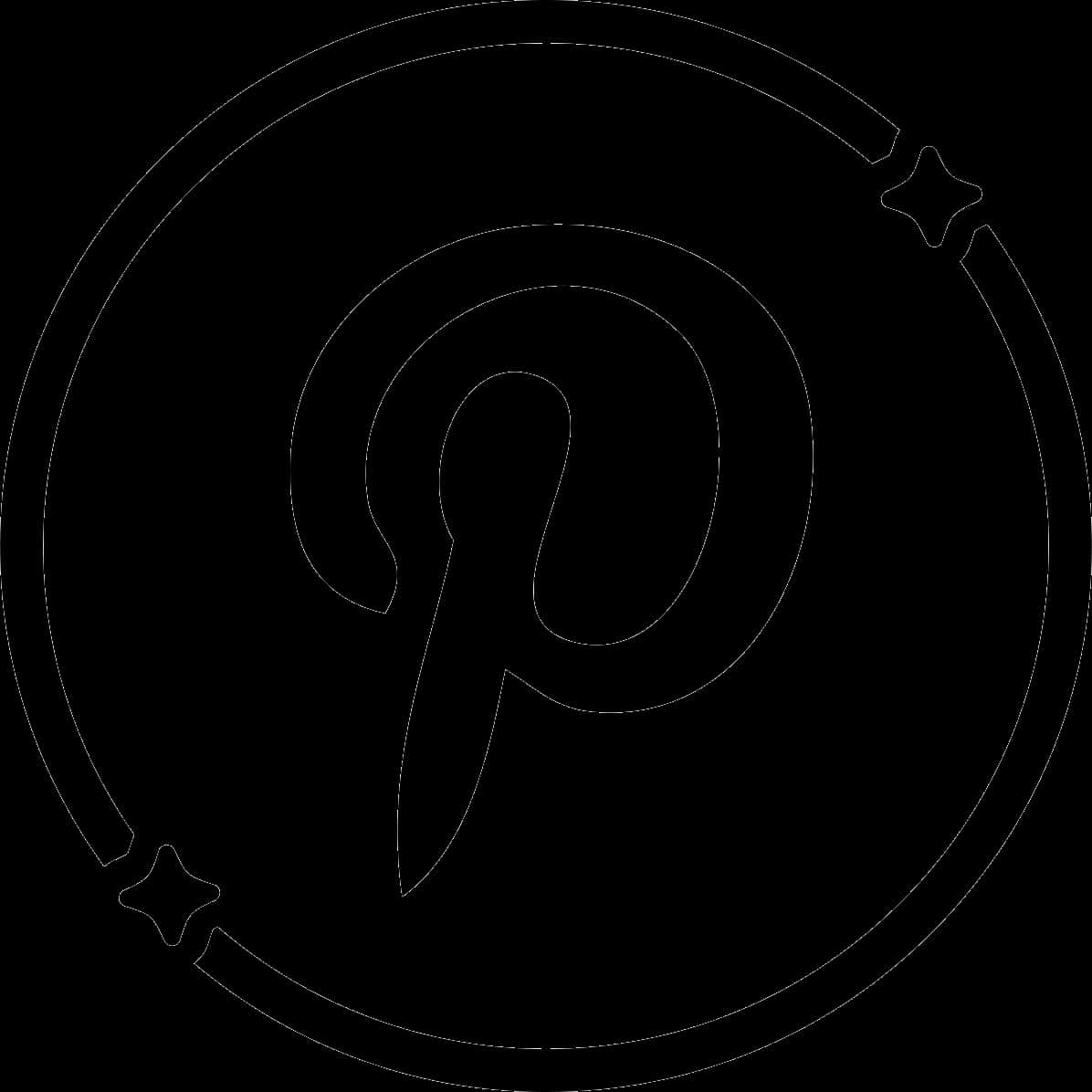 Pinterest 標誌輪廓 壁紙 — 黑色背景上，一個簡約的白色線條藝術標誌，包含一個風格化的「P」在同心圓和星星點綴中。