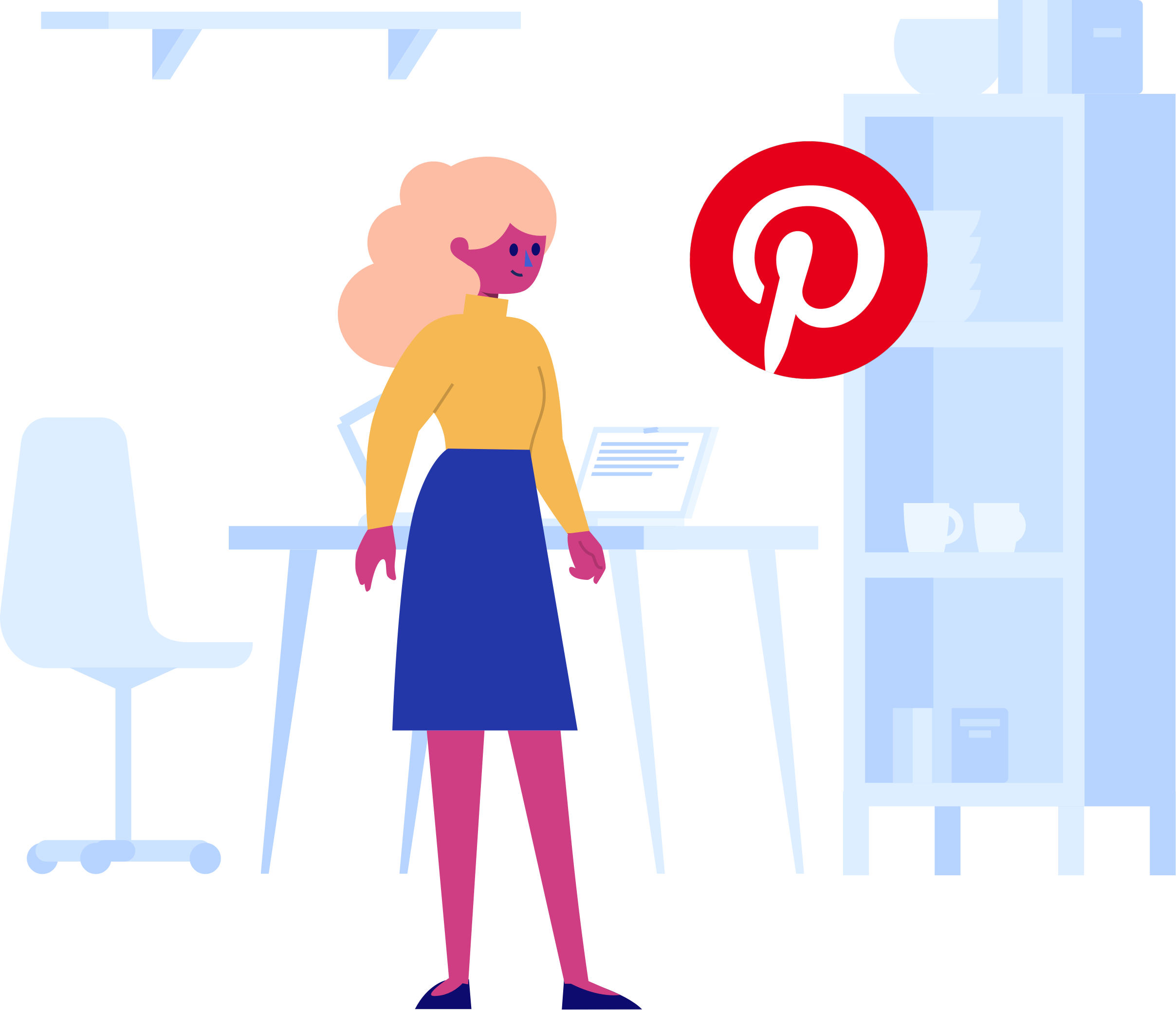 Pinterest用戶探索內容插畫 壁紙 — 一位風格化的女性，身穿黃色上衣和藍色裙子，站在一張桌子旁，桌上有一部筆記型電腦，旁邊有發光的Pinterest標誌。