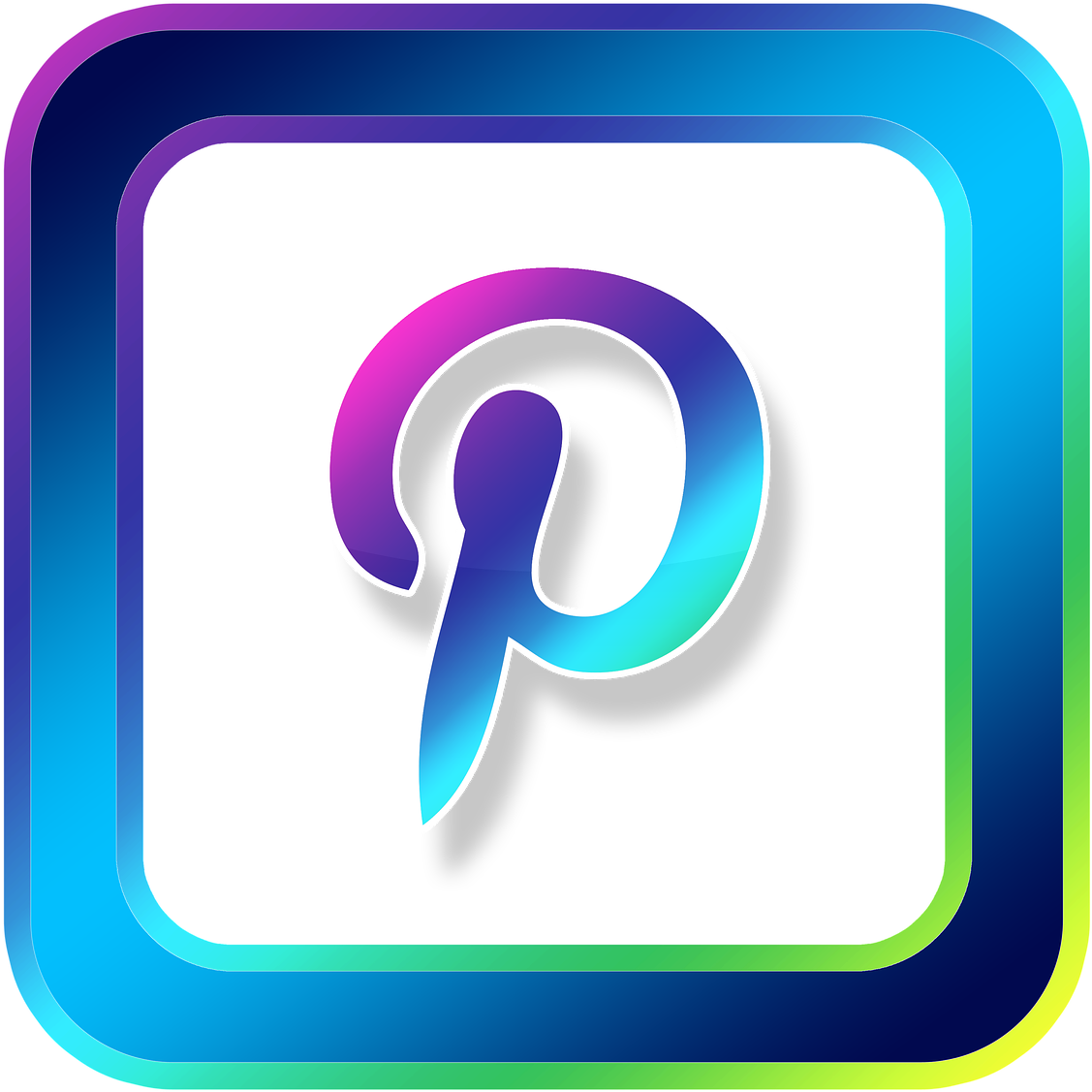 彩色 Pinterest 標誌圖標 壁紙 — 一個充滿活力的漸變 Pinterest 標誌，在黑色背景上，一個發光的 'P' 位於彩色圓角正方形的中心。