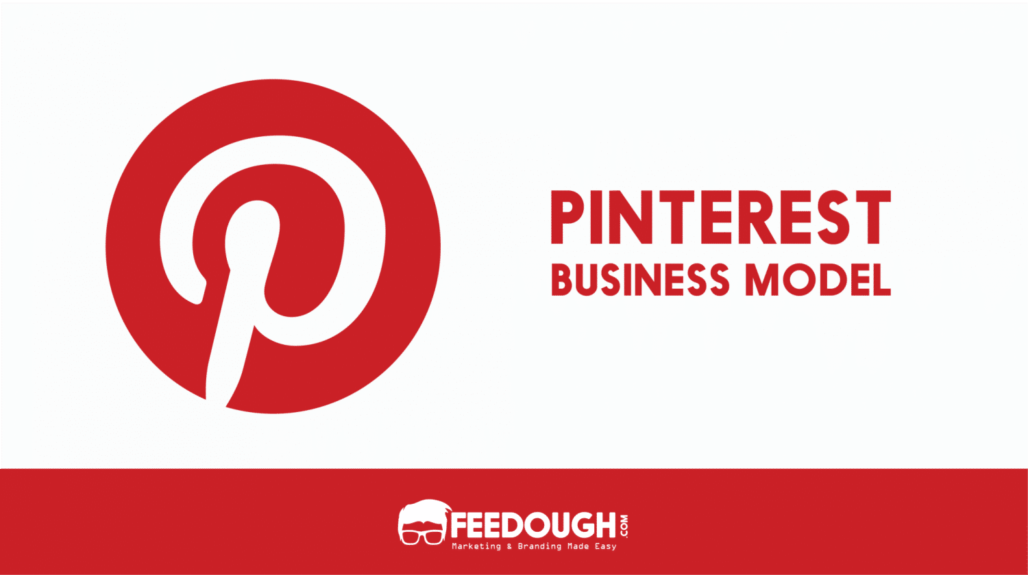 Pinterest 商業模式 Feedough 壁紙 — 白色背景上的紅色Pinterest標誌和文字，紅色頁腳顯示Feedough品牌。